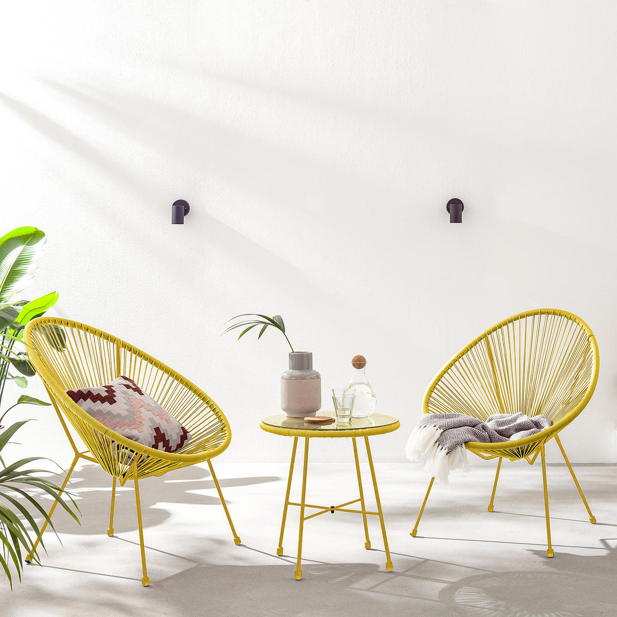 SITZGRUPPE - Stahl / Polyrattan - 3-teilig - Gelb, Naturmaterialien/Glas - home24