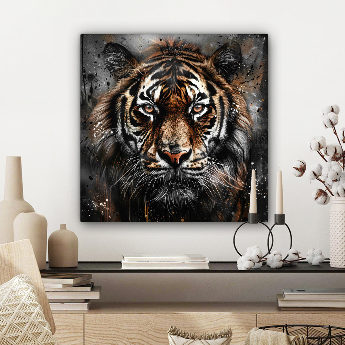 LEINWANDBILD Tiger - Tiere - Porträt - Luxus - Schwarz Wandbild Wohnzimmer 50x50 cm - Anthrazit, Textil (50/50cm) - MuchoWow
