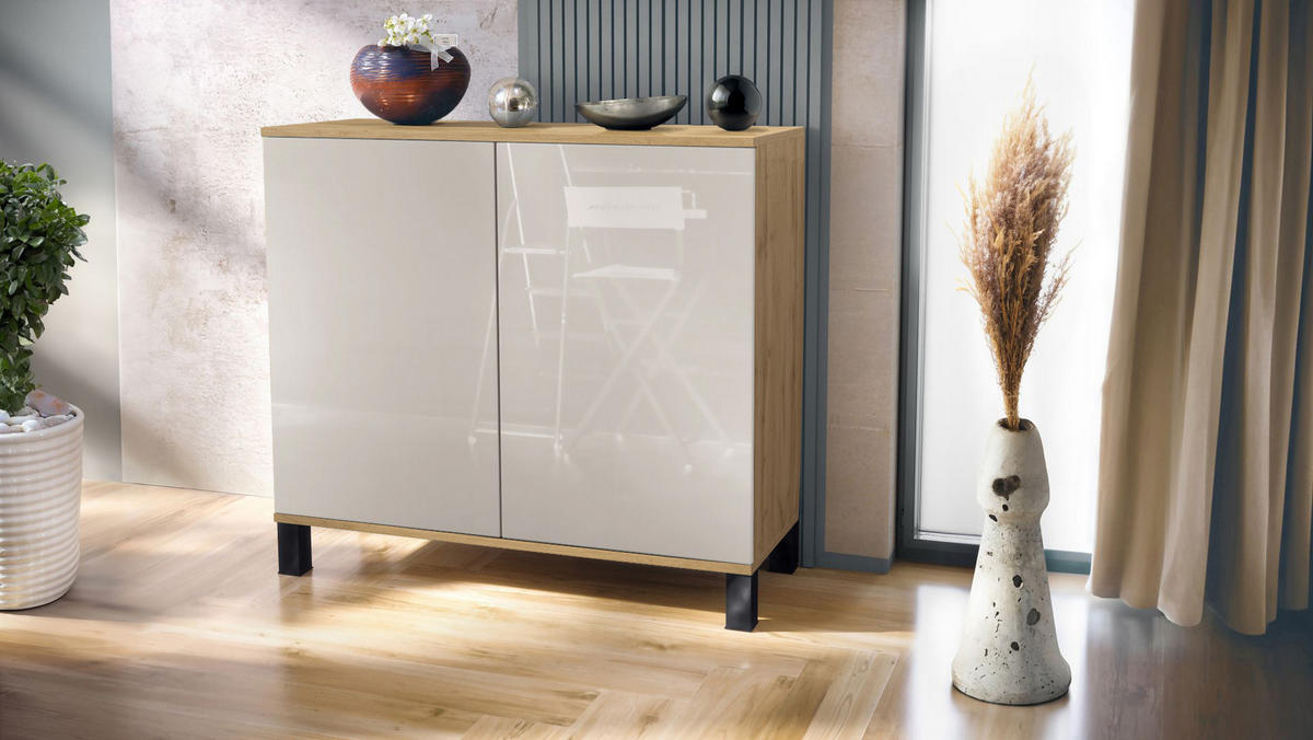 KOMMODE Skadu Sandgrau Hochglanz - Sandfarben, Holzwerkstoff (92.5/84.5/35cm) - Vladon