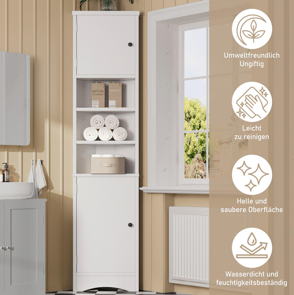 BADEZIMMERSCHRANK 36.5x24.5x170cm in Weiß, feuchtigkeitsbeständig mit 2 Türen - Weiß, Holzwerkstoff (24.5/170/36.5cm) - Modfu
