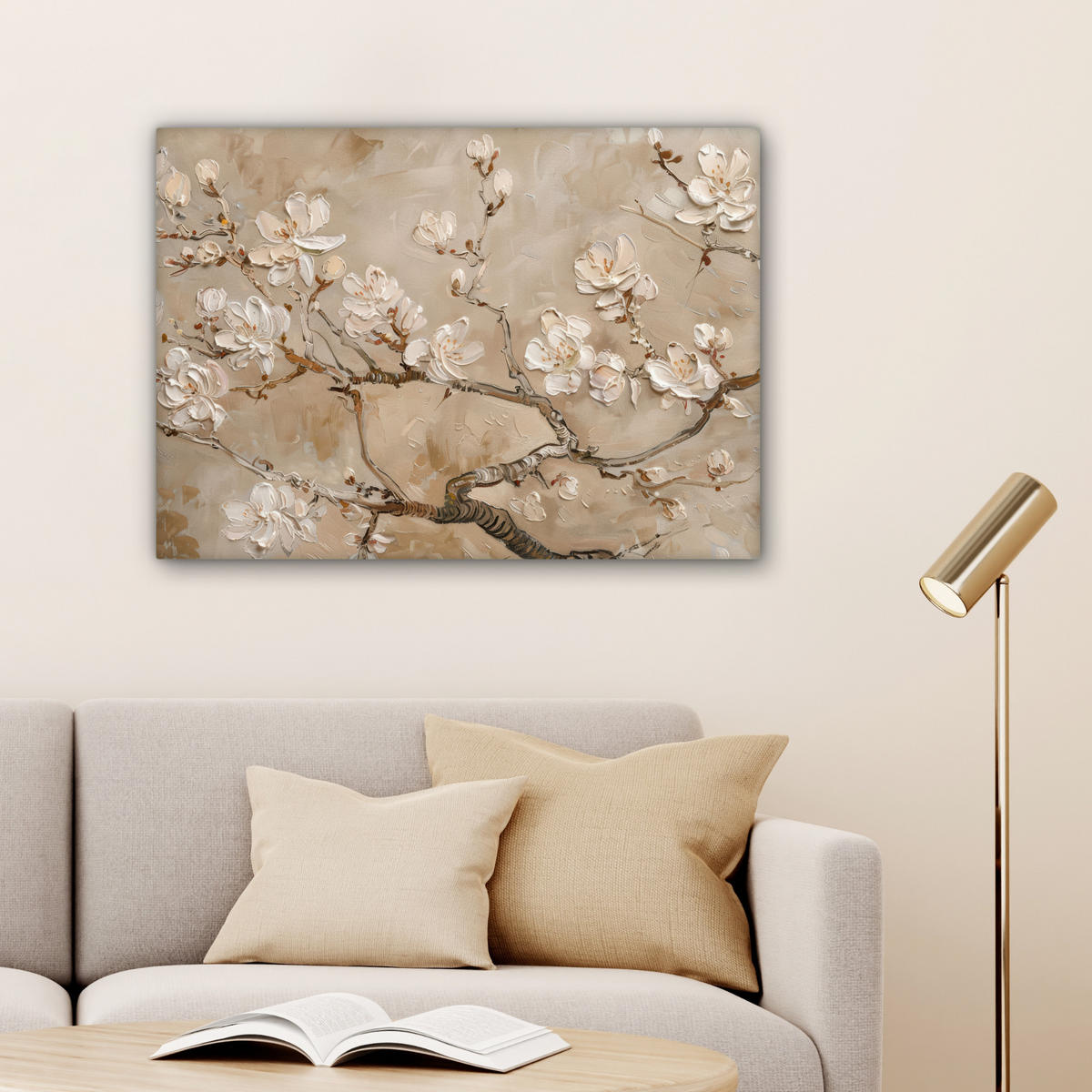 LEINWANDBILD - Blumen - Modern - Beige - Weiß - Blüte - 80x60 - Malerei - Beige, Textil (80/60cm) - MuchoWow