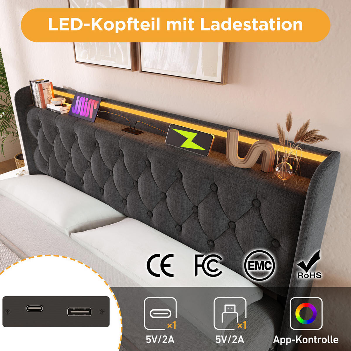 POLSTERBETT 160X200 cm mit LED Kopfteil und USB C Stauraum - Grau, Holz (160/200cm) - FLIEKS