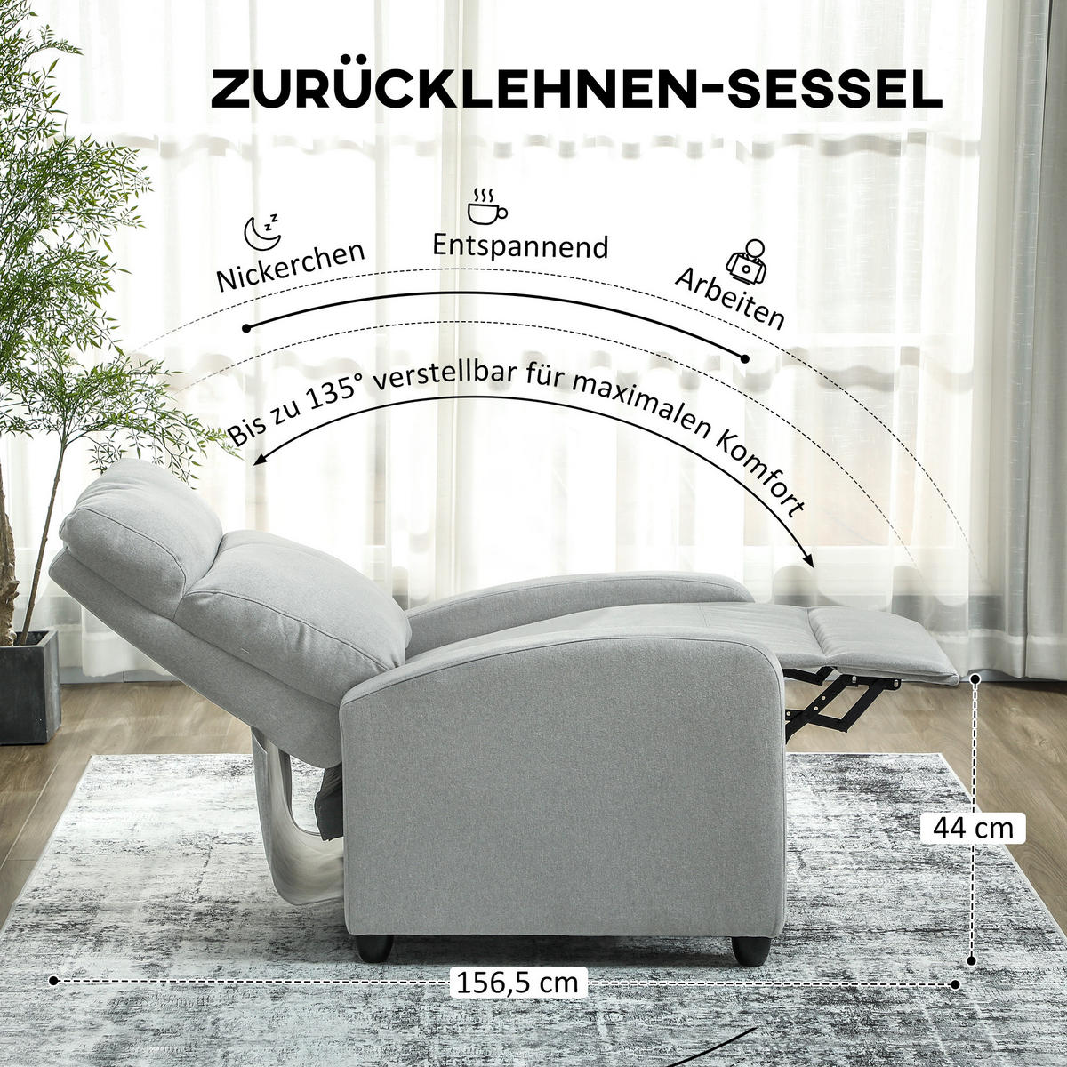 RELAXSESSEL DE-06317 verstellbar 135°, ausziehbare Fußstütze Hellgrau - Hellgrau, Textil/Metall (88/101/69cm) - ComfortXL