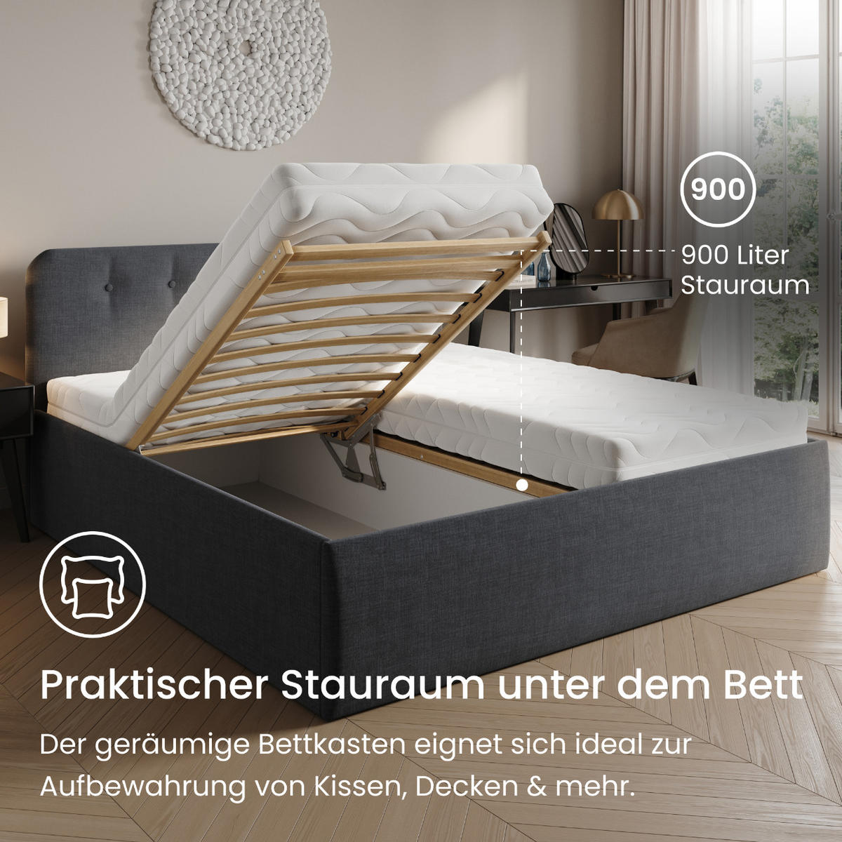 POLSTERBETT mit verstellbarem Lattenrost & Bettkasten, Bonnell-Matratze, 180 x 200 cm in Anthrazit - Anthrazit, Holzwerkstoff/Textil (180/200cm) - Home Collective