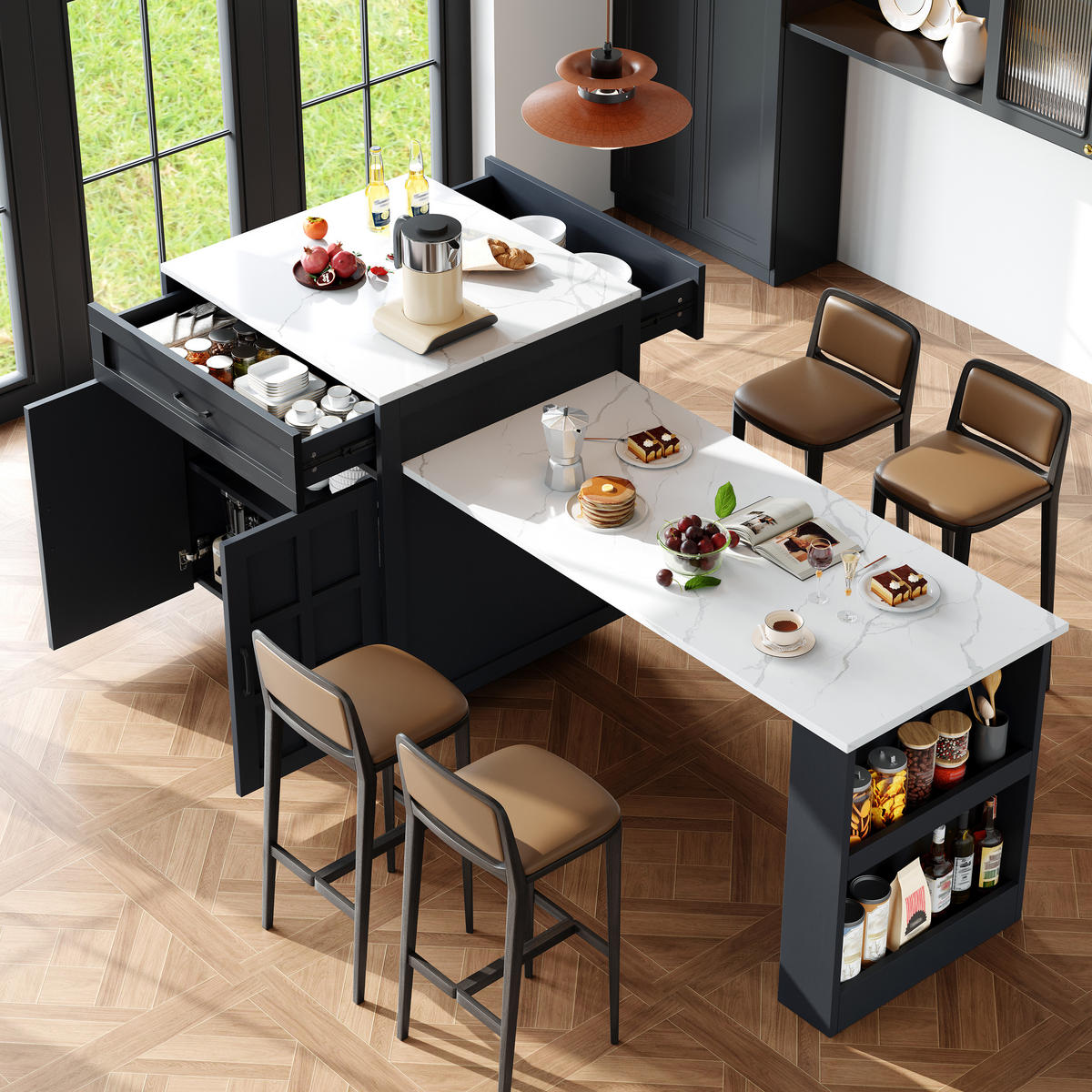 KÜCHENINSEL 133-202/70/93.5 cm Schwarz mit 2 Schubladen, 4 Fächern und seitlichen Ablagen - Schwarz, Holz/Holzwerkstoff (133/93.5/70cm) - Oxeza