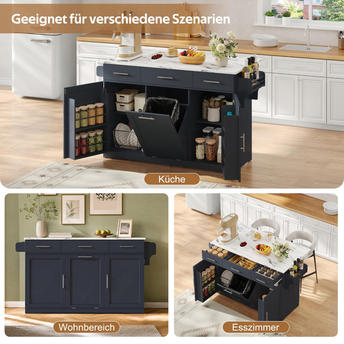 KÜCHENINSEL Auf Rollen, MIT KLAPPBARER ARBEITSPLATTE, MDF Grau-Natur, Esszimmer, 136/75/92 cm - Grau, Holzwerkstoff (75/92/136cm) - Rolipo