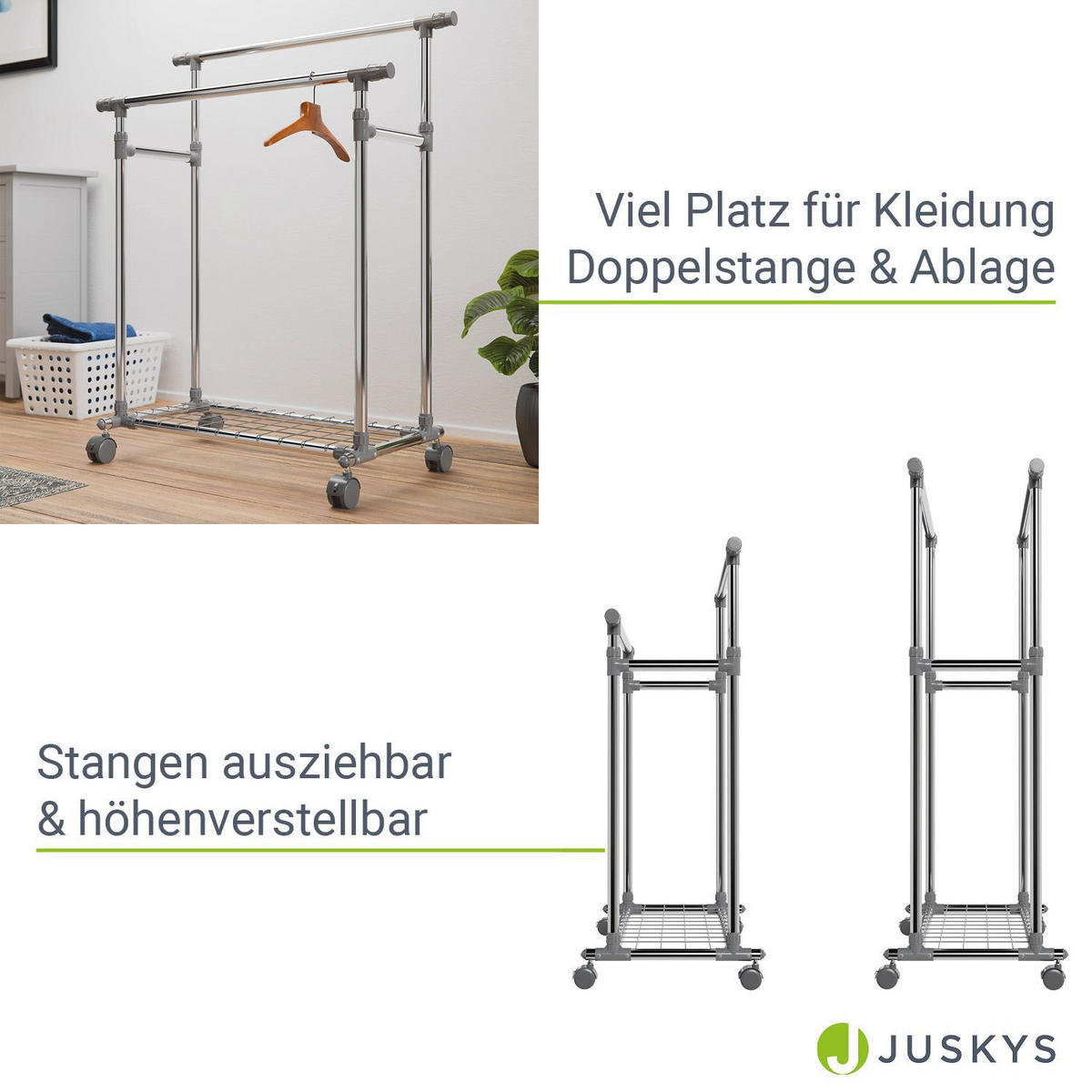 KLEIDERSTÄNDER silber 360° frei drehbare Räder - Silberfarben, Metall (153/160/43cm) - Juskys