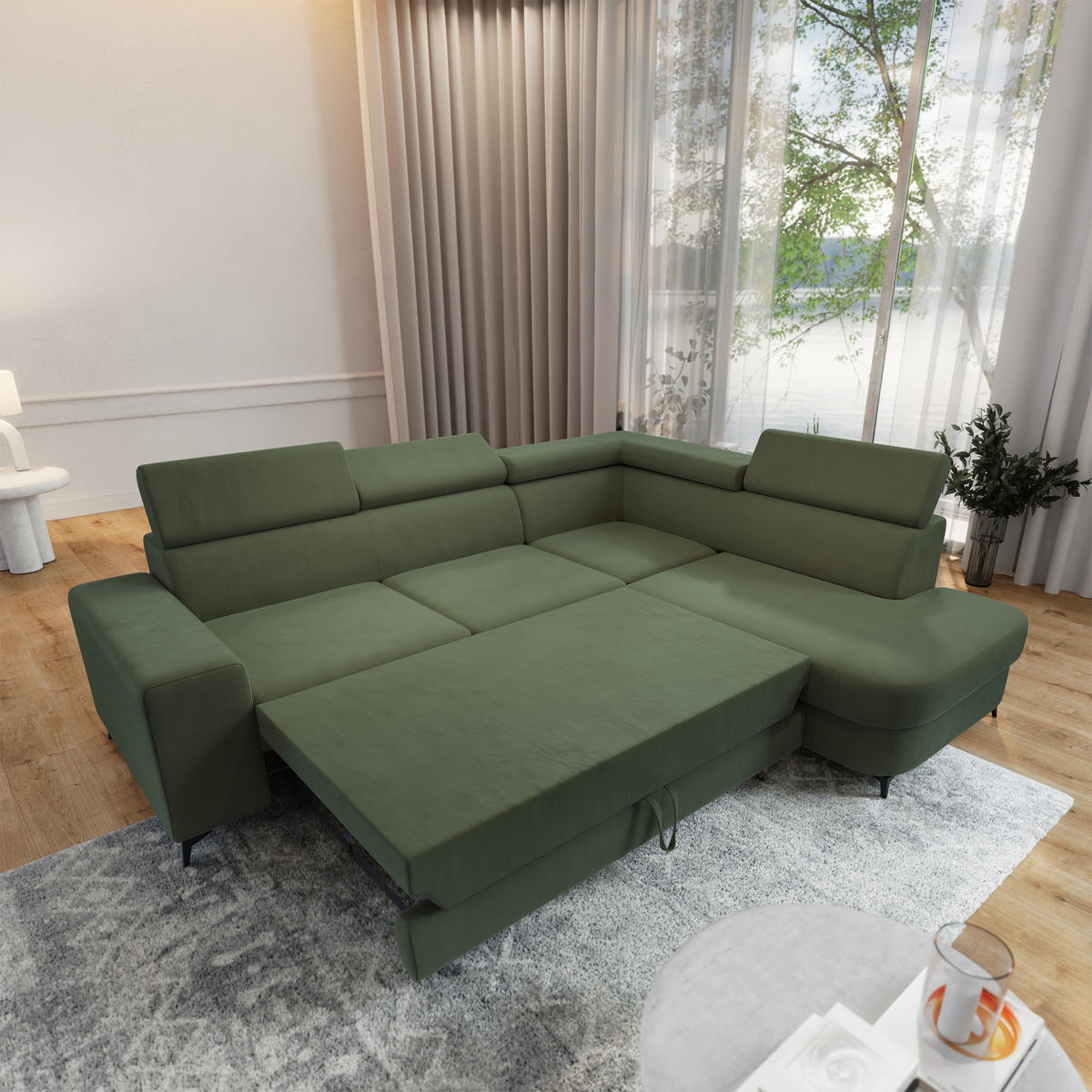 ECKSOFA ALVORO R-S Grün Velours-Stoff mit Schlaffunktion - Grün, Holz (253/190cm) - MASSENO