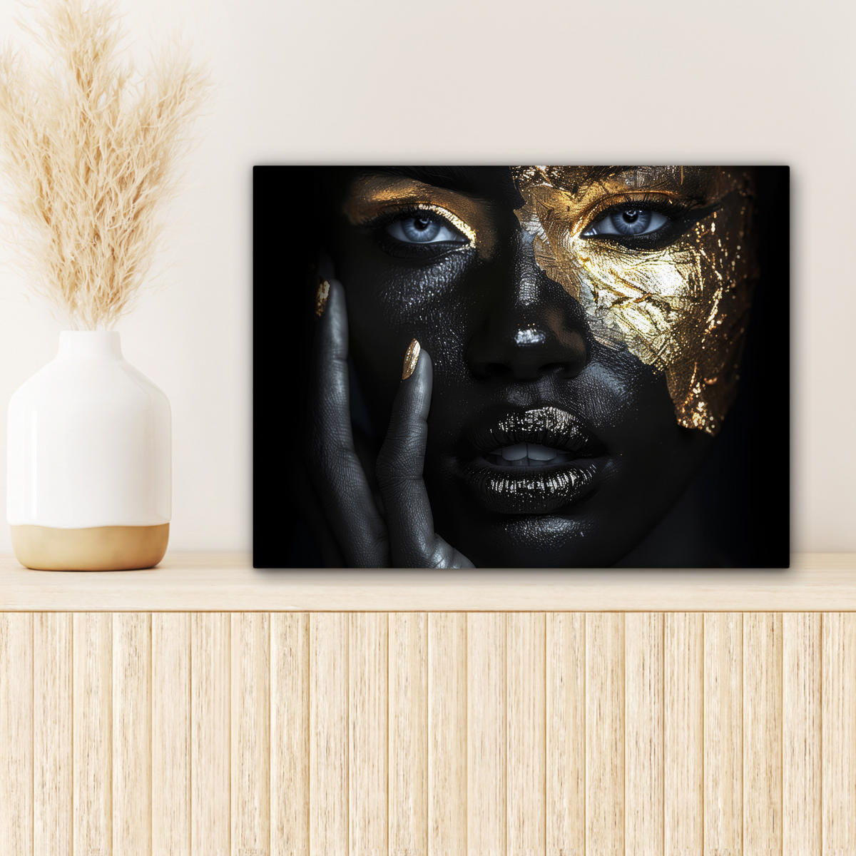 LEINWANDBILD Frau - Gold - Porträt - Schwarz-Weiß - Luxus 40x30 cm - Hellblau, Textil (40/30cm) - MuchoWow