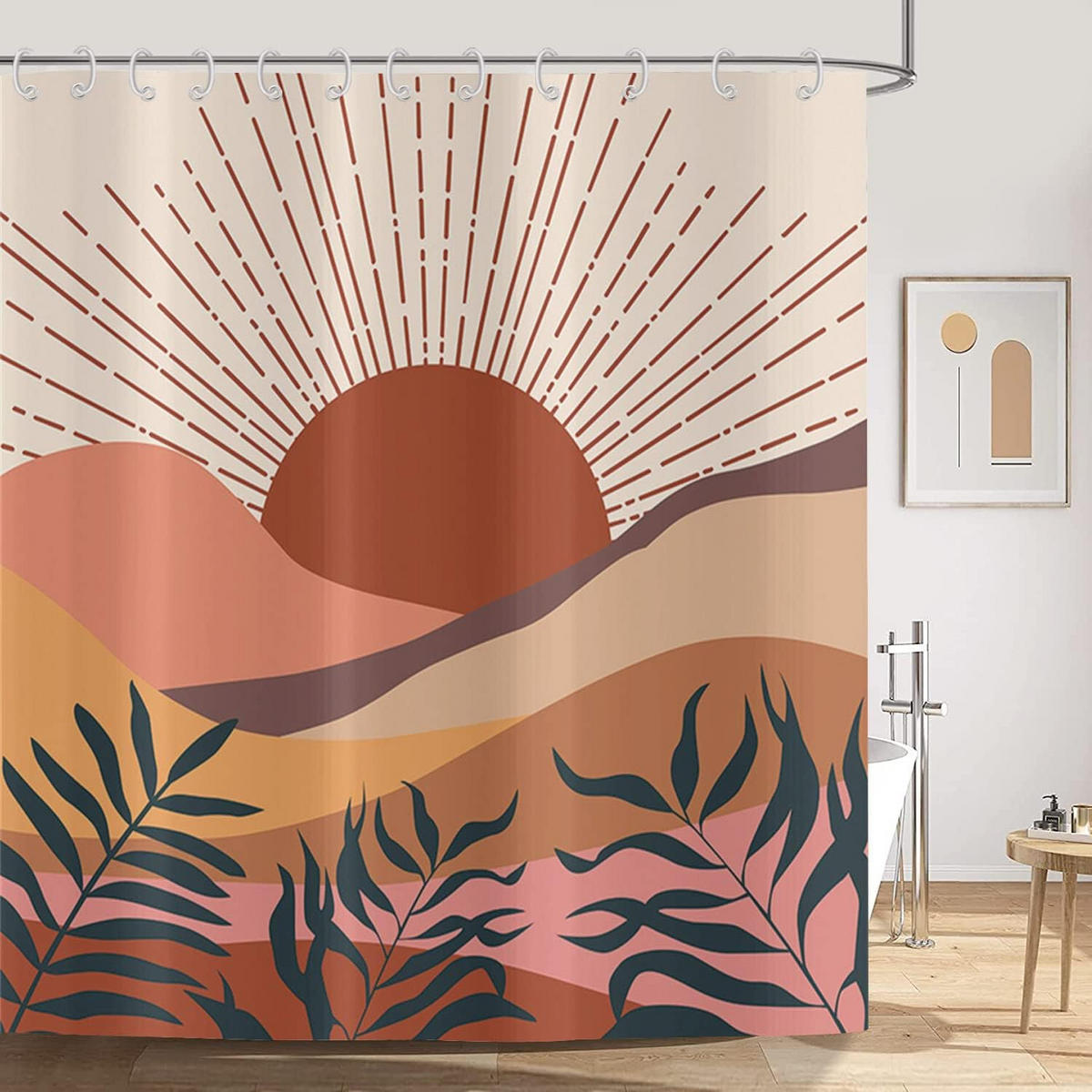 DUSCHVORHANG Beige Boho Kunst abstrakt Blätter waschbar wasserdicht Stoff - Multicolor, Textil (200/180cm) - MCBOSON