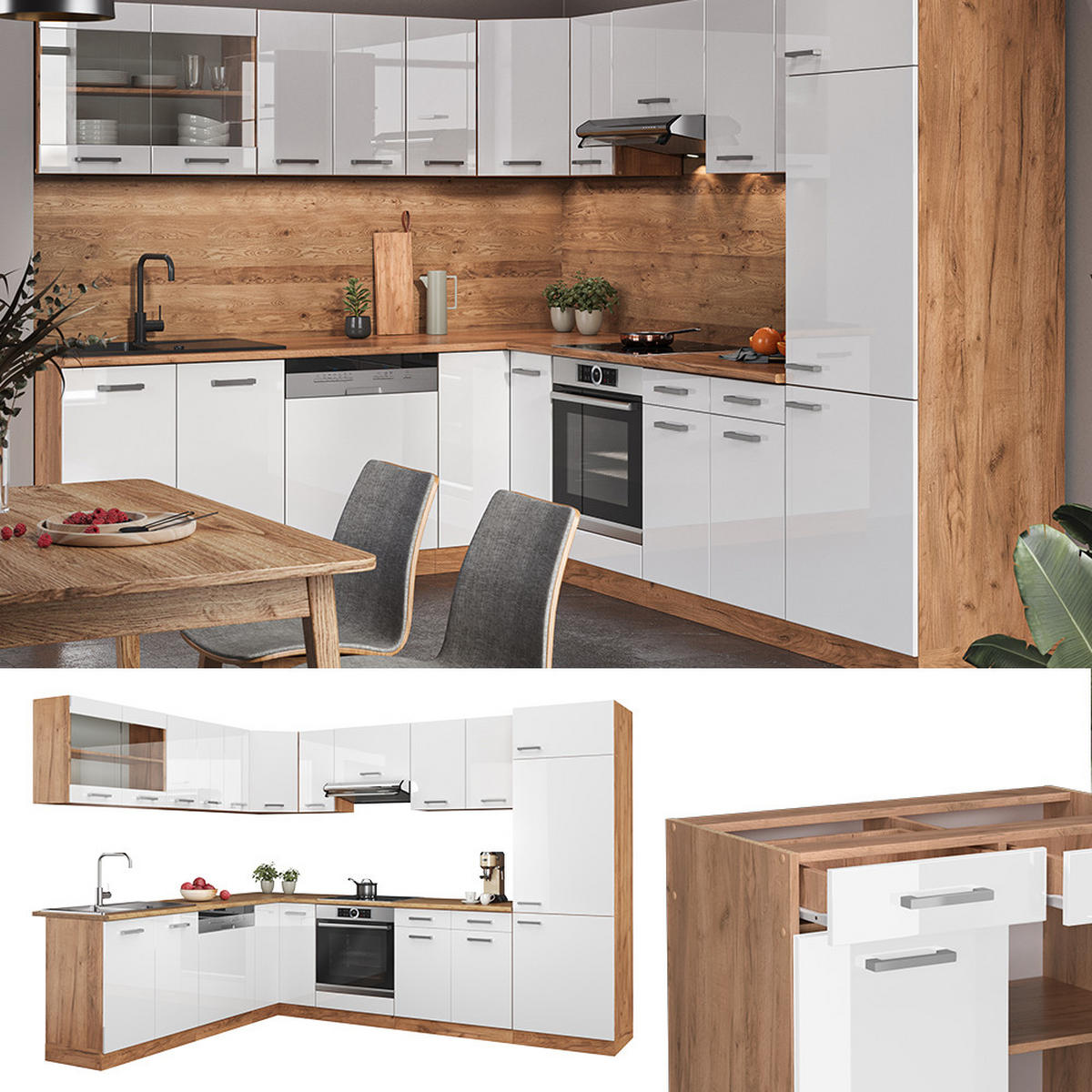 ECKKÜCHE R-Line Weiß Hochglanz/Goldkraft Eiche 227 x 287 cm AP Anthrazit - Weiß Hochglanz/Eiche Wotan, Holzwerkstoff (287/81.6/60cm) - Vicco