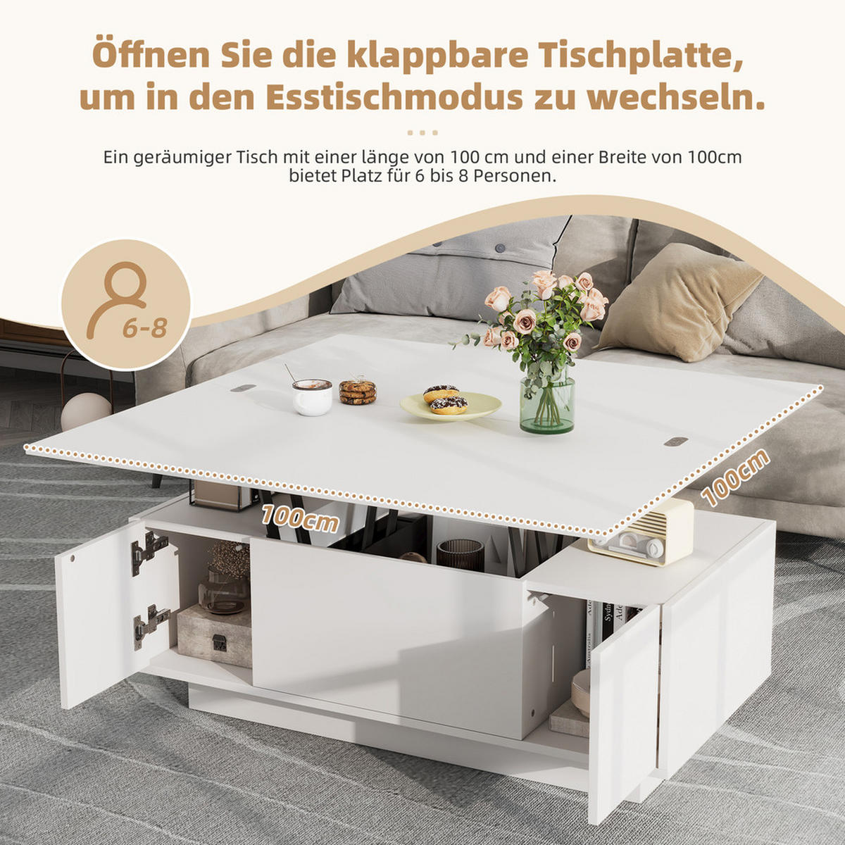 COUCHTISCH Doppel-Hebemechanismus Weiß Versteckter Stauraum 50kg Belastbar - Weiß, Holz (109/61/9.5cm) - FLIEKS