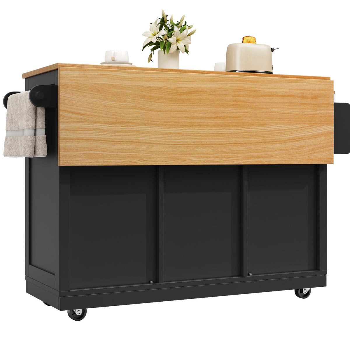 KUCHYŇSKÝ ostrůvek 140/70/93,5 cm černý z MDF s výklopnou deskou, koly a držákem na ručníky - černá, kompozitní dřevo (140/93.5/40cm) - OKWISH