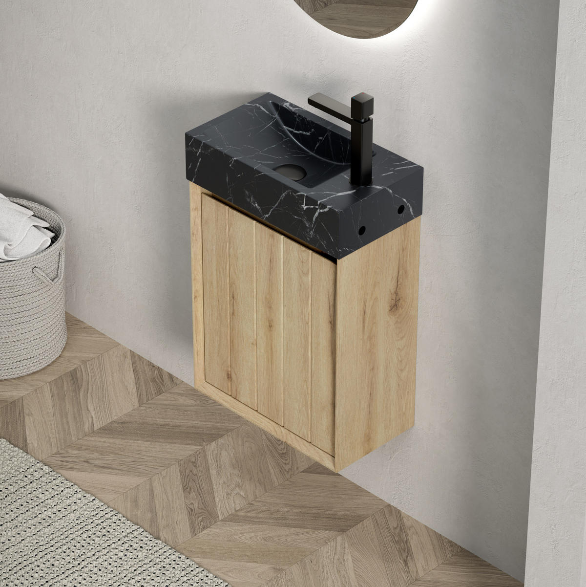 WASCHTISCH mit Unterschrank 40 cm Black/White Oak - Schwarz, Holzwerkstoff (22/58/40cm) - Beauniv