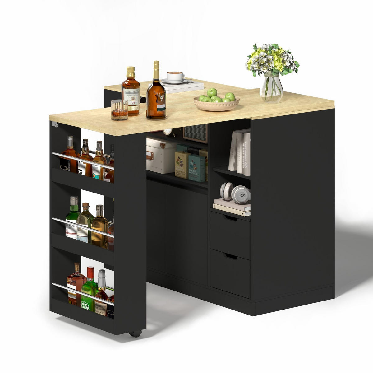 KÜCHENINSEL 115/50/92 cm mit dreh- und ausziehbarer Arbeitsplatte, MDF, viel Stauraum, Schwarz/Natur - Schwarz, Holzwerkstoff (115/92/50cm) - Redom