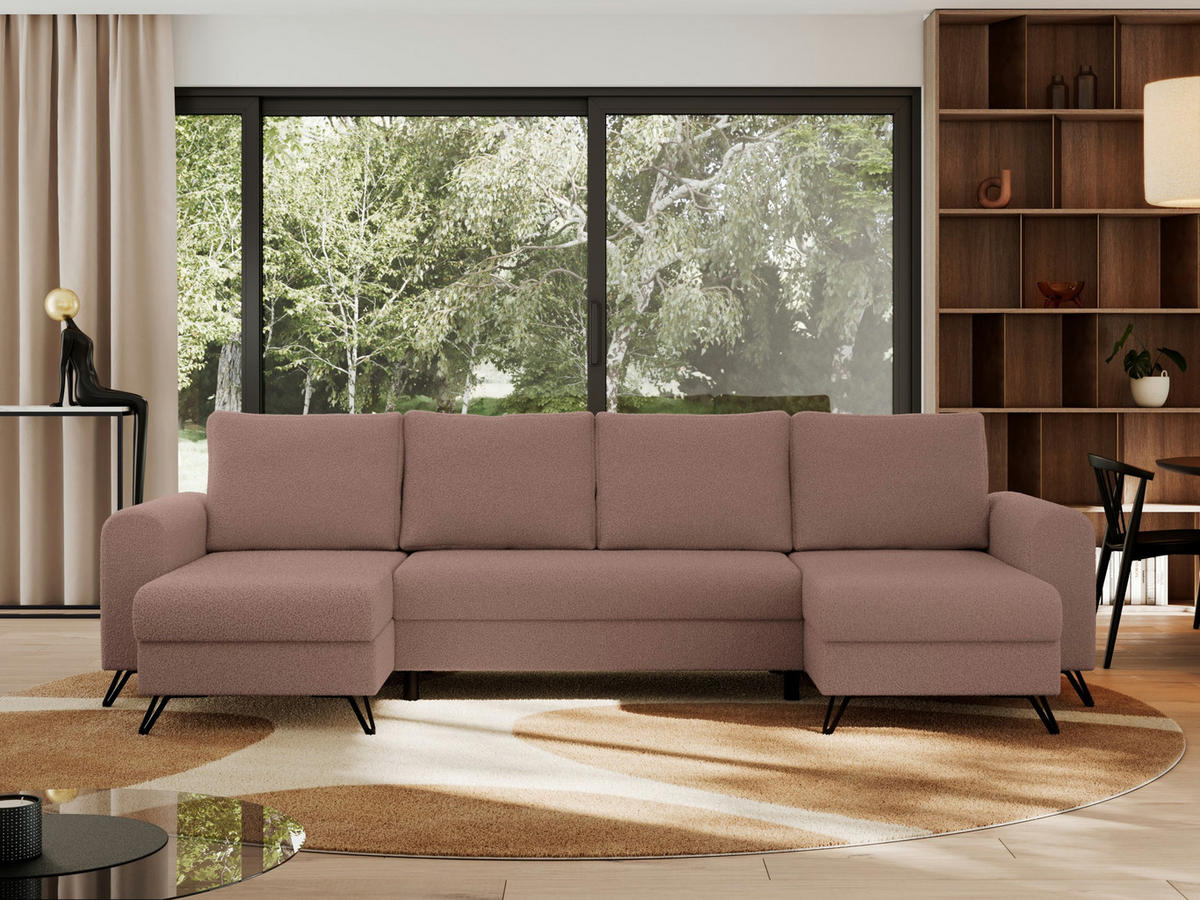 WOHNLANDSCHAFT AXEL U Boucle Rosa - Schwarz/Rosa, Textil/Metall (312/90/140cm) - MKS
