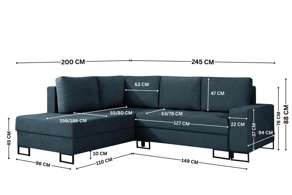 ECKSOFA mit Schlaffunktion Links Dunkelblau Chenille - 245x200 cm - Trevi - Schwarz/Dunkelblau, Holz/Holzwerkstoff (245/200cm) - Ravio