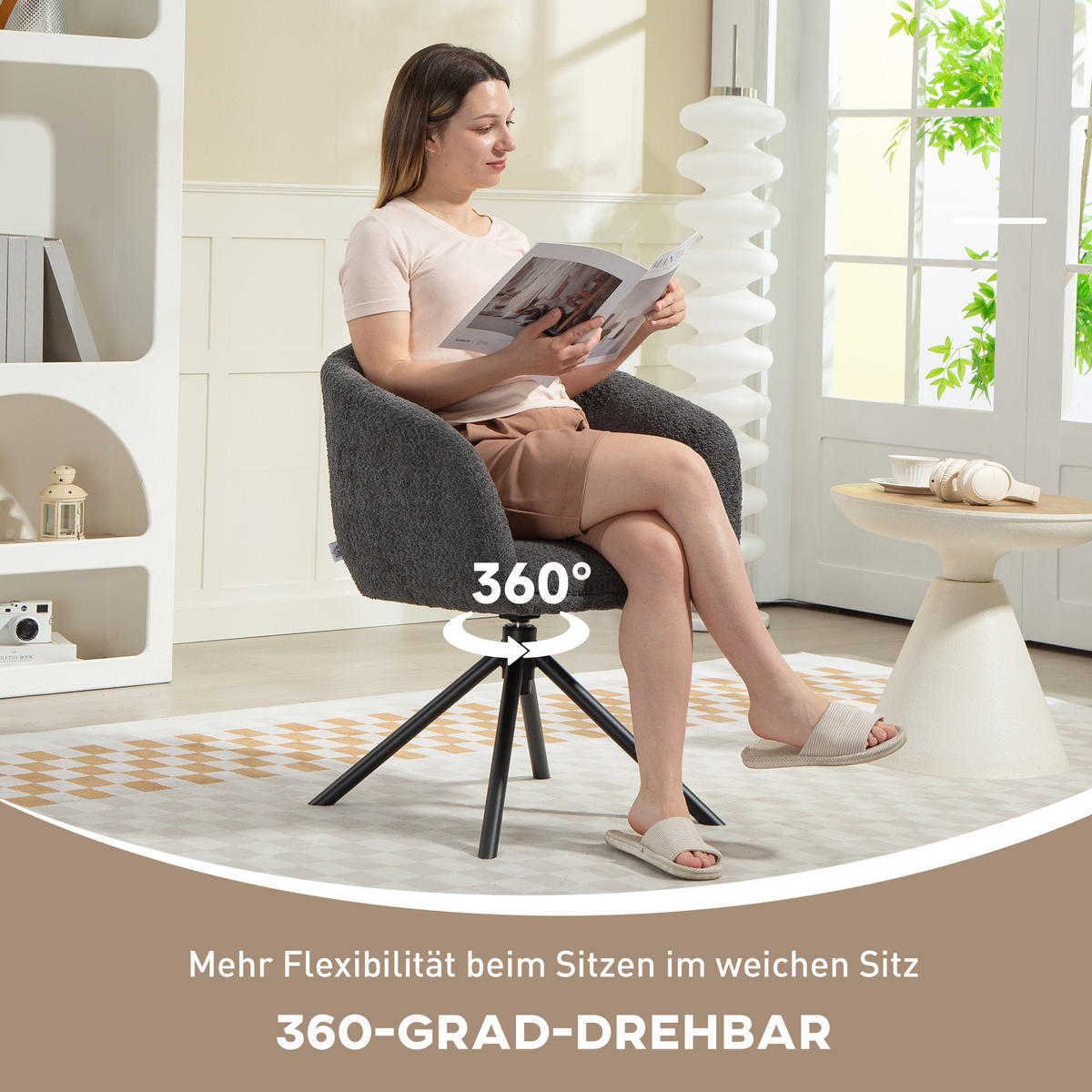 SESSEL Loungesessel mit Armlehne, 360° Drehfunktion, Leinenoptik, Dunkelgrau - Dunkelgrau, Textil (58.5/78.5/59cm) - HOMCOM