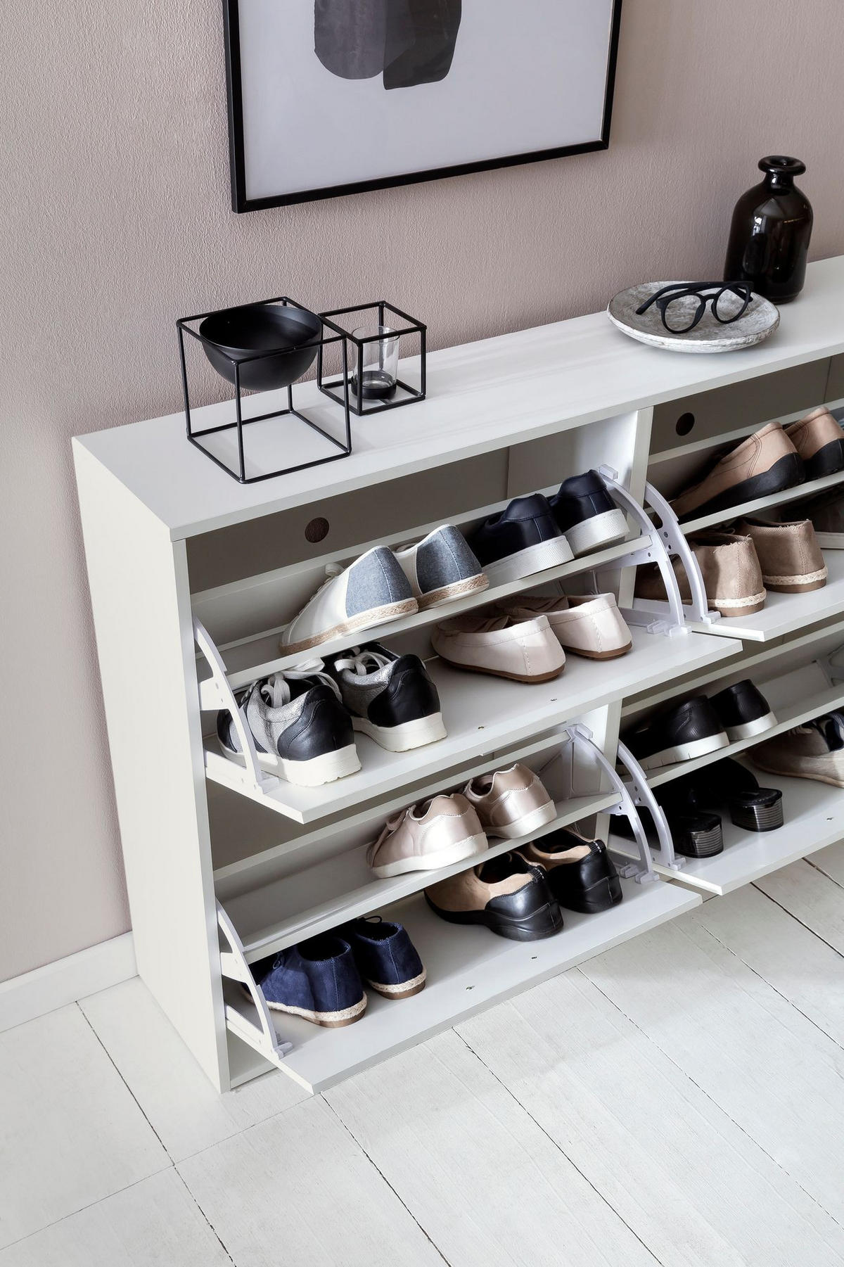 SCHUHSCHRANK Holz mit 4 Klappen und großer Ablage, Weiß 120x24x81 cm - Weiß, Holz/Metall (120/81/24cm) - KADIMA DESIGN