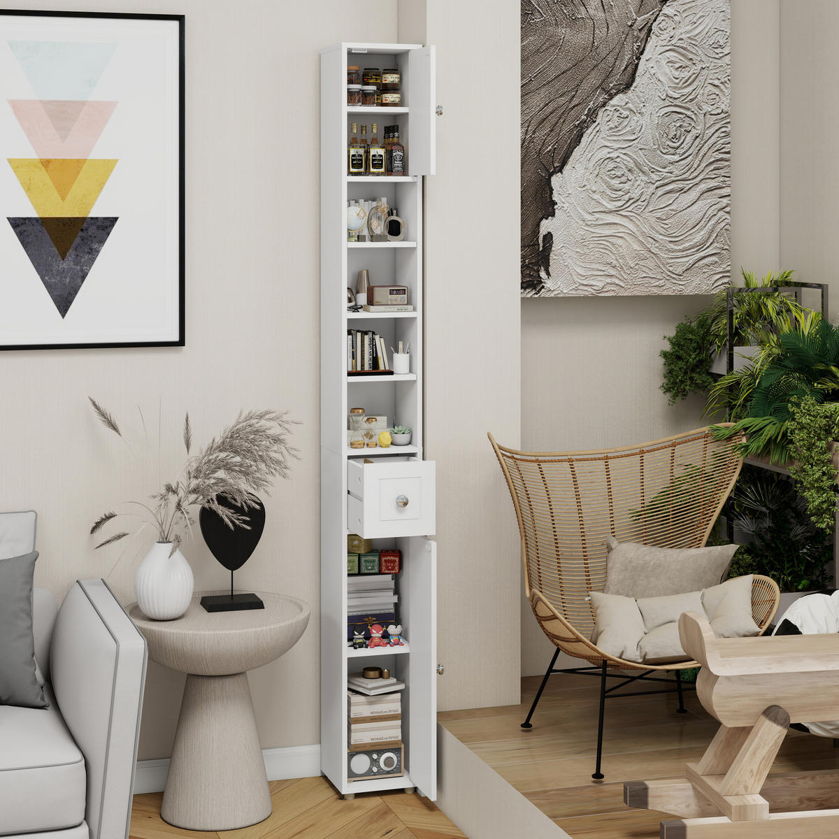 HOCHSCHRANK 20x20x180cm in Weiß mit 2 Türen, 4 Böden & Schublade - Weiß, Holzwerkstoff (20/180/20cm) - Modfu