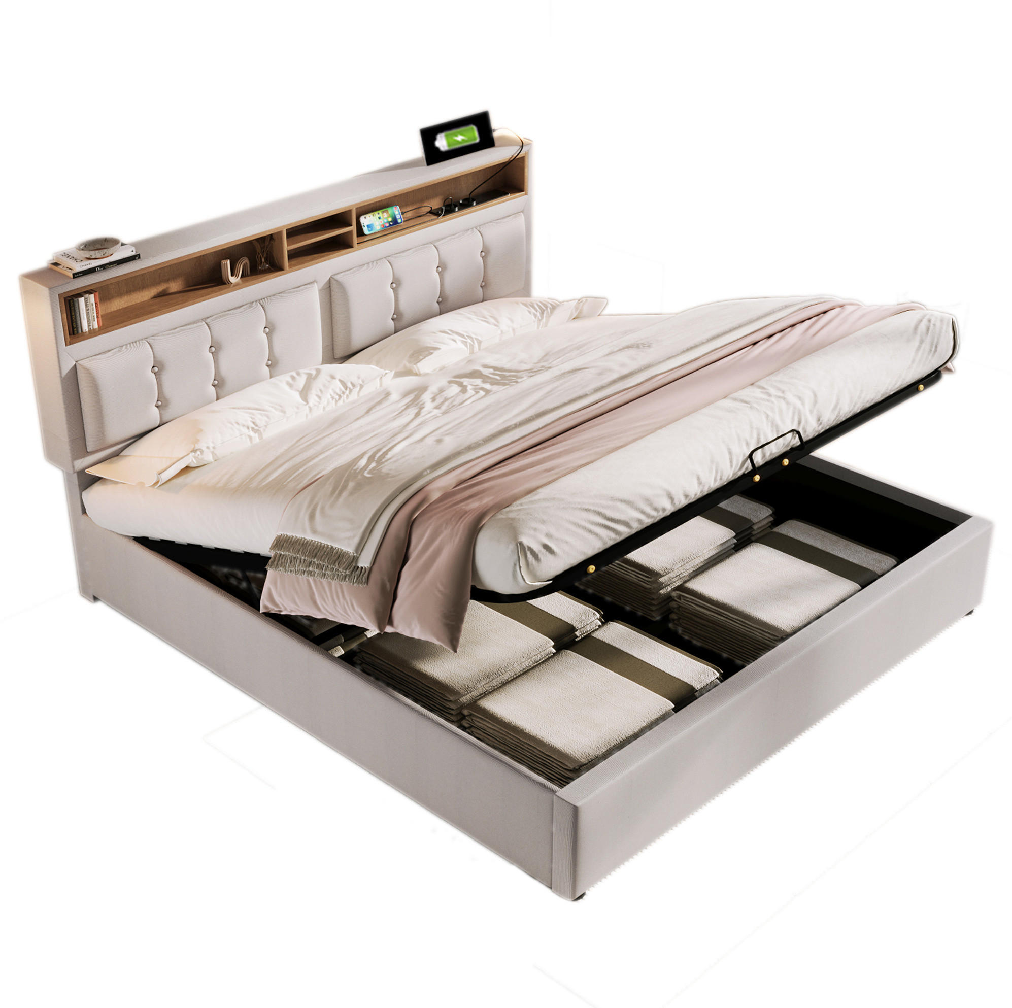 Redom ČALOUNĚNÁ postel 140/200 cm s nastavitelným čelem, USB/Type-C zásuvkami a hydraulickým úložným prostorem, Béžová