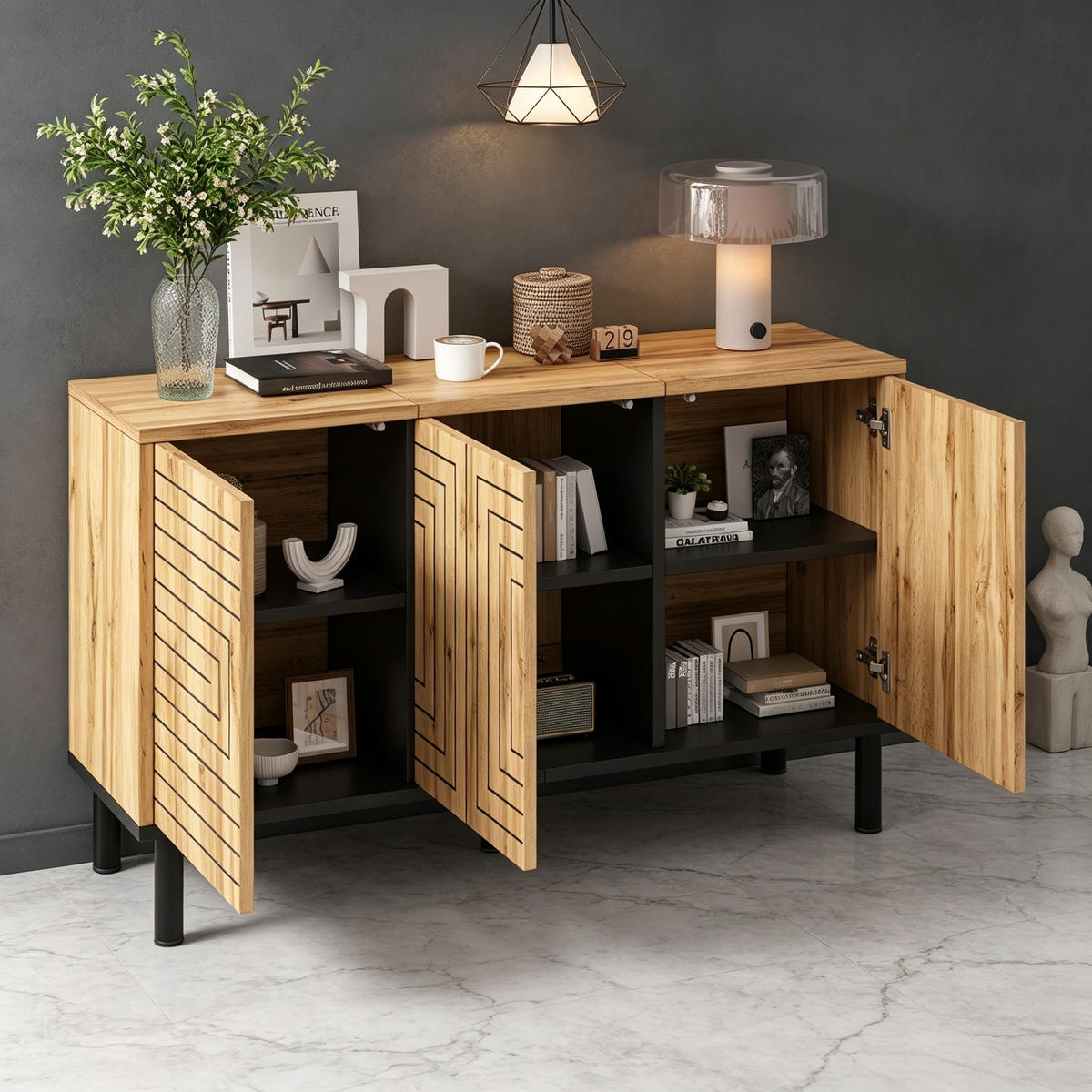 SIDEBOARD in Naturfarben mit 3 Türen für Esszimmer und Wohnzimmer, B120/T35/H68 cm - Schwarz/Naturfarben, Holzwerkstoff (120/68/35cm) - STILVORA