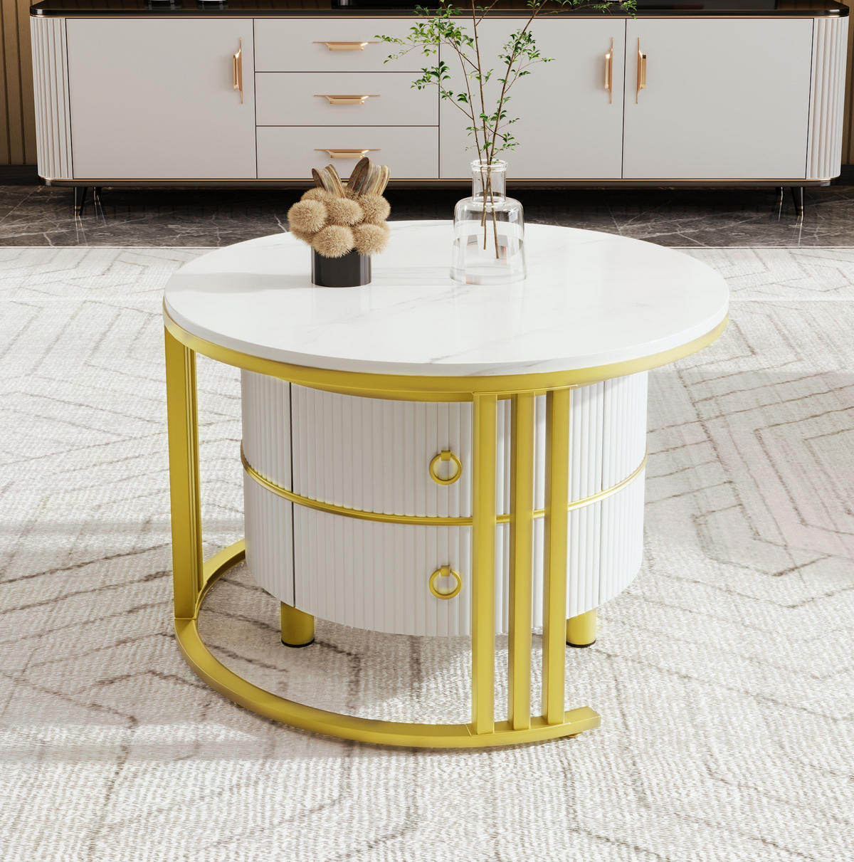 KONFERENČNÍ stolek z MDF 70x70x46 cm bílý se 2 zásuvkami, lesklou deskou a mramorovým dekorem - bílá, kompozitní dřevo (70/70/46cm) - Modfu