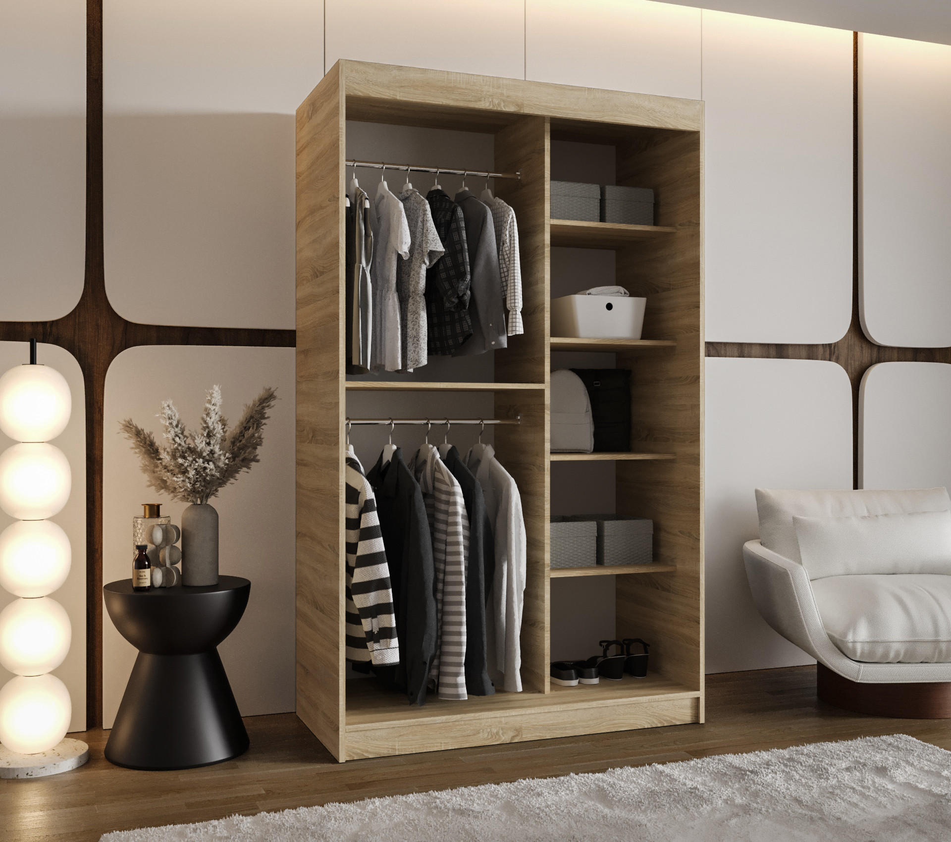 Thumbnail - Möbel Kryspol Schwebetürenschrank, Sonoma Eiche, Holz, Nachbildung, 5 Fächer, 120x200x62 cm, Schlafzimmer, Kleiderschrän...