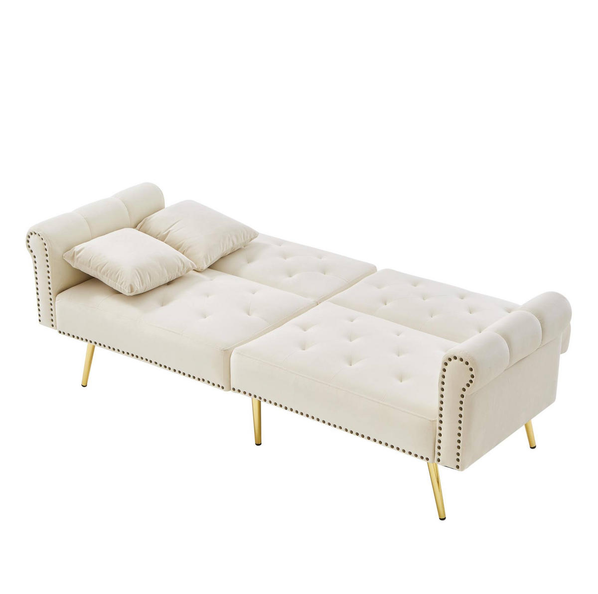 ROZKLÁDACÍ pohovka 147/85 cm béžová ze sametu s nastavitelnou opěrkou a zlatými nohami - béžová, plast (173/70/75cm) - OKWISH
