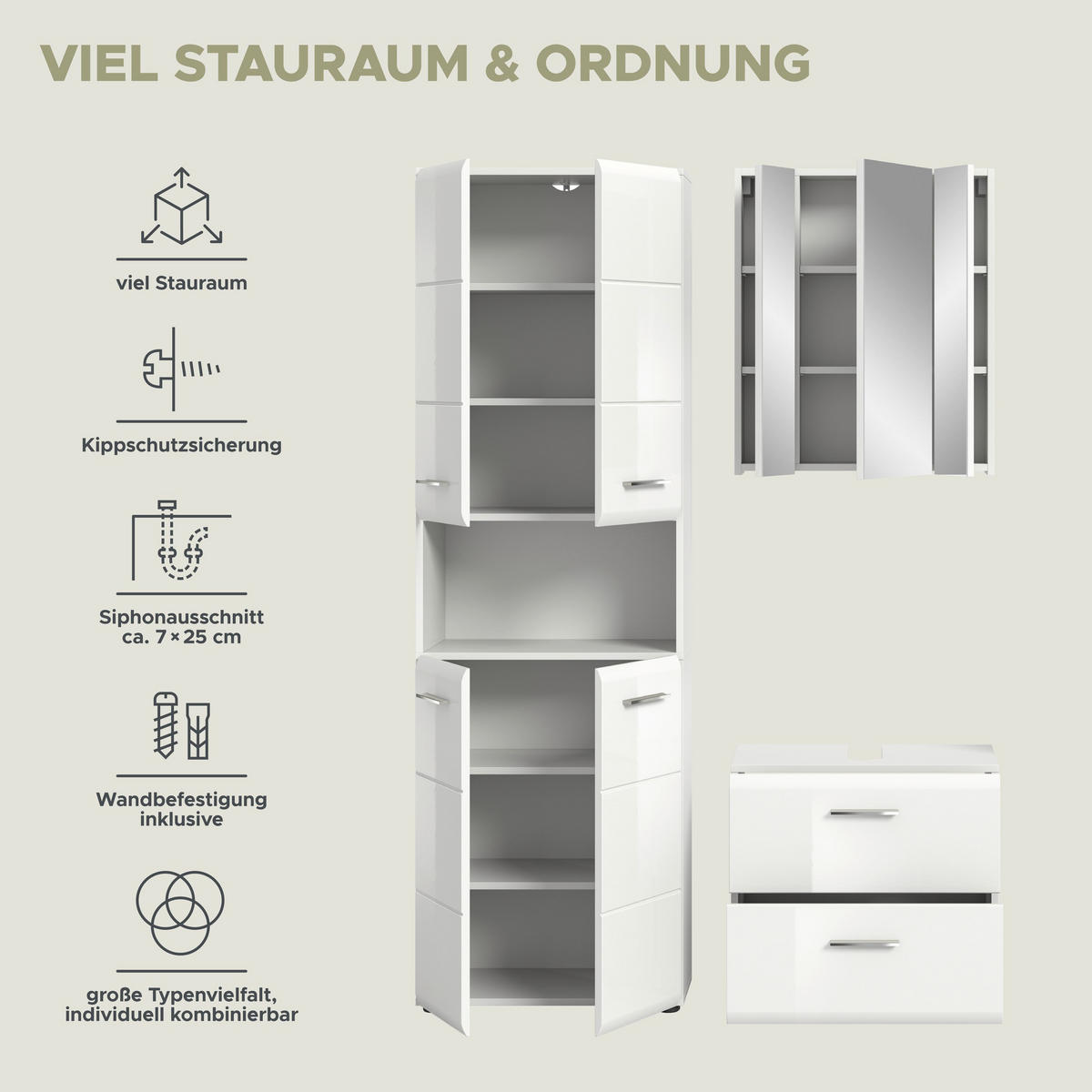 BADKOMBINATION Ice 135x185x30 cm weiß Hochglanz MDF 3tlg. - Weiß, Holz (135/185/30cm)