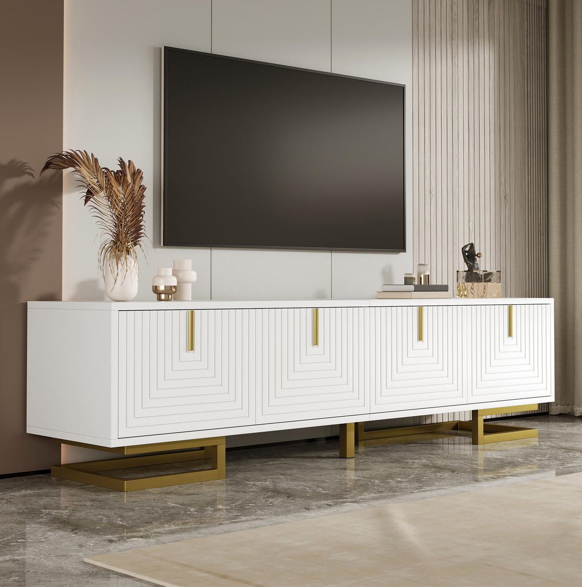 TV-ELEMENT mit 4 Türen 160 cm Weiß mit goldfarbenen Details - Weiß, Holzwerkstoff (38/44.5/160cm) - Beauniv