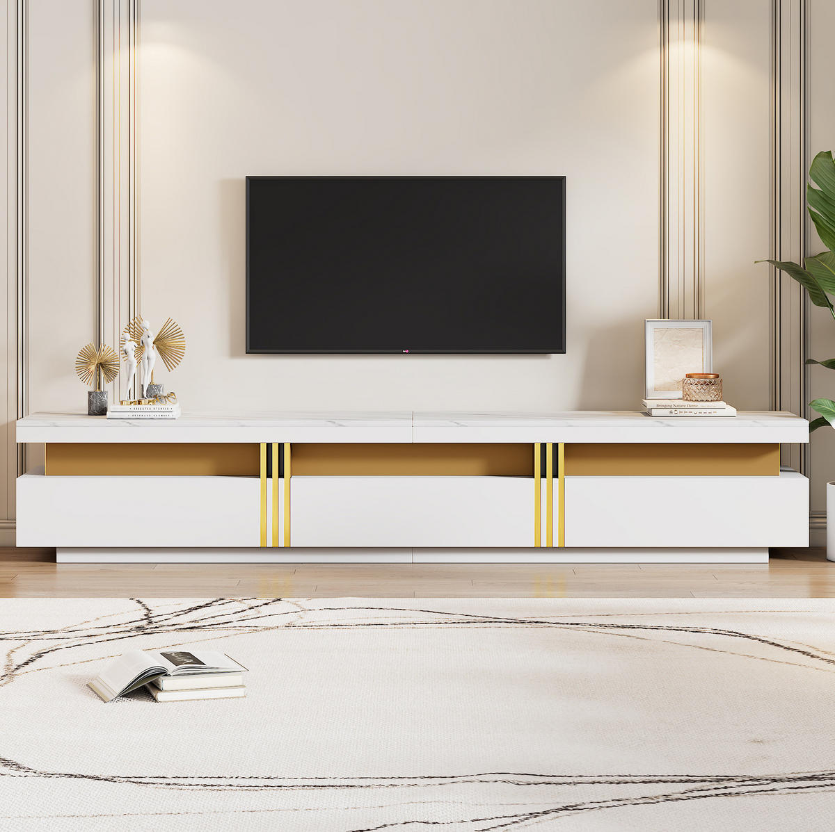 TV-ELEMENT-SET Weiß mit Marmor-Optik, Lowboard 200/40/42 cm und Couchtisch - Weiß, Holzwerkstoff (200/42/40cm) - Flora Grace