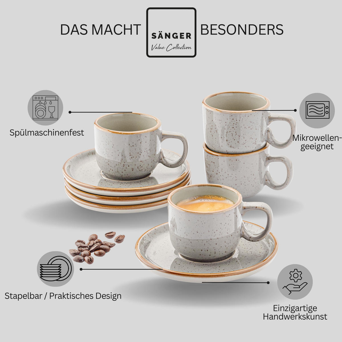 ESPRESSOTASSEN SET RIO PERLGRAU - 12 teilig aus Steingut - Grau, Stein (0.08L) - Sänger