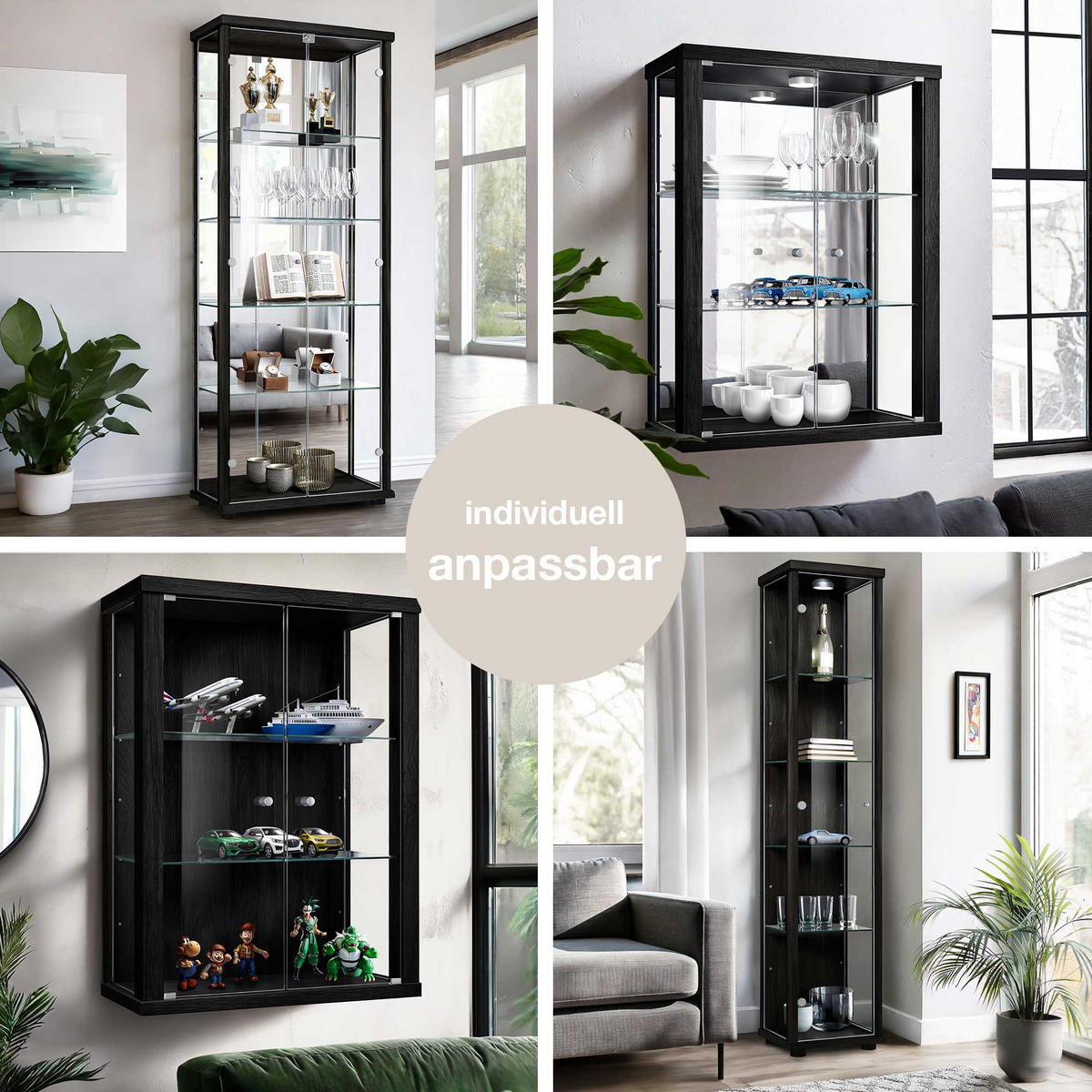 GLASVITRINE 33/37/176 cm mit LED & 4 höhenverstellbaren Glasböden - Transparent/Silberfarben, Glas/Holzwerkstoff (37/176/33cm) - K-Möbel