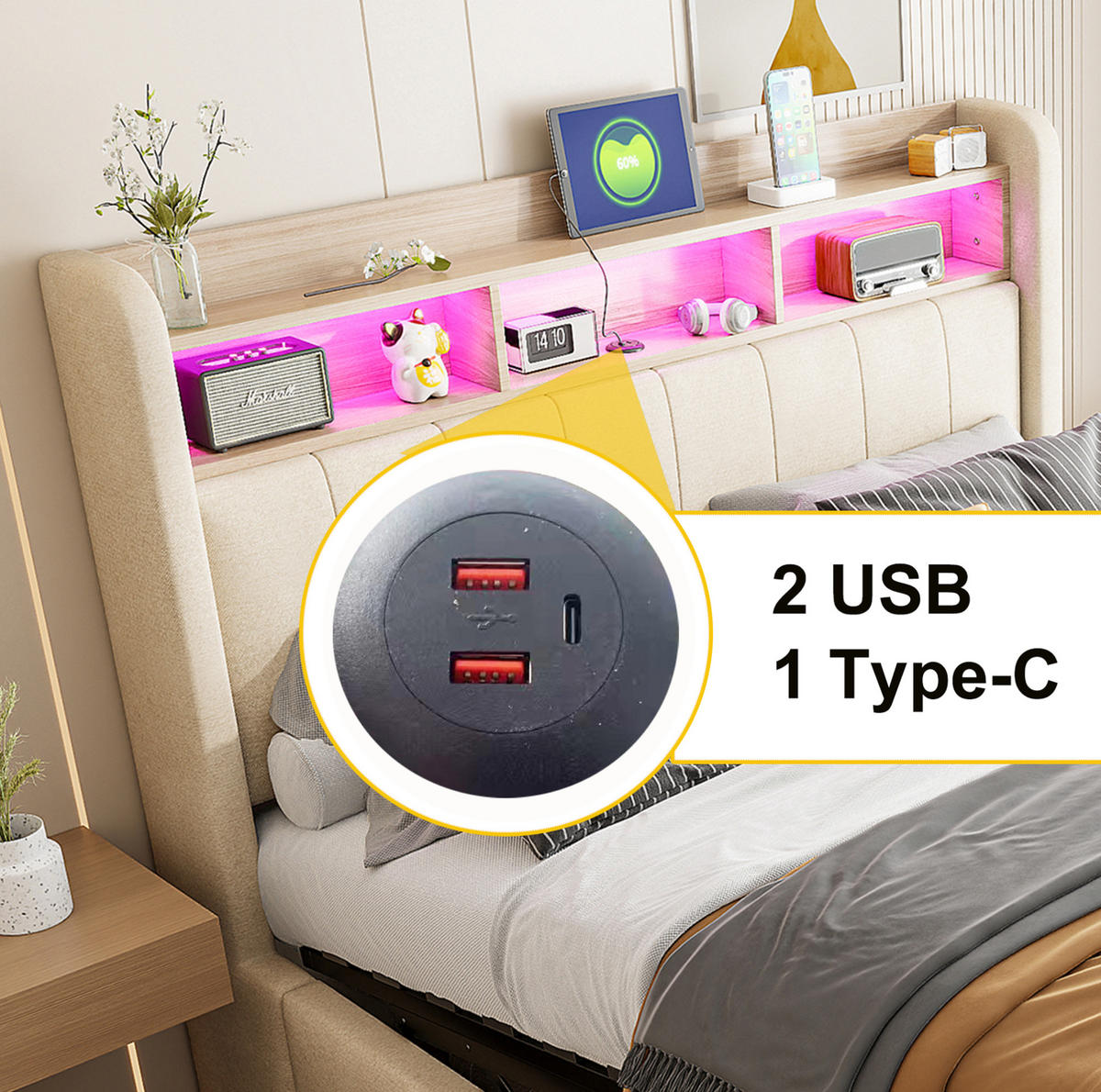 ČALOUNĚNÁ postel 180/200 cm z lněné tkaniny béžová s LED osvětlením, USB a úložným prostorem - béžová, textil (180/200cm) - BEAOK