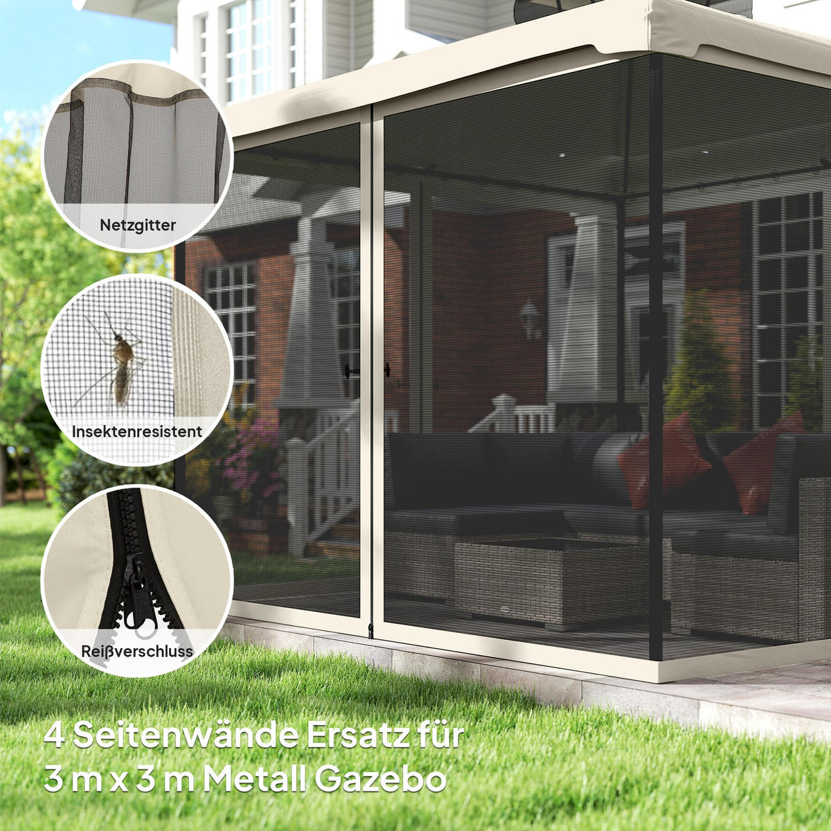 MOSKITONETZ für 3x3 Pavillon 4 Seitenteile Fliegennetz mit Haken Reißverschluss Mückennetz Insektenschutz Fliegengitter Nylon-Mesh Schwarz - Schwarz, Textil (302/1/207cm)