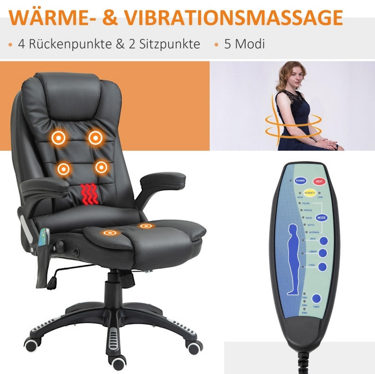 DREHSTUHL 54 cm Sitzbreite, Sitzhöhe 44–54 cm, höhenverstellbar mit Massagefunktion, Kunstleder, 70/70/121 cm, schwarz - Schwarz, Kunststoff (70/121/70cm) - Redom