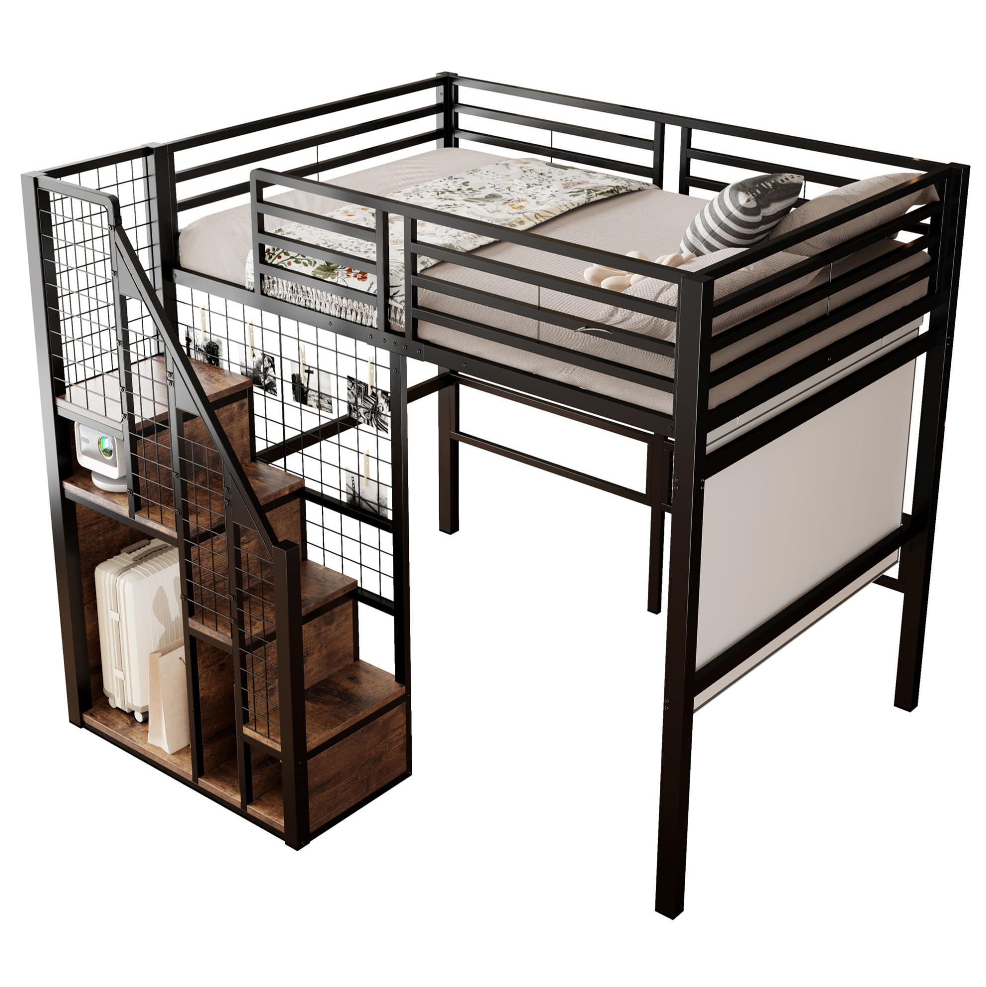 HOCHBETT aus Metall 140x200 cm in Schwarz mit Treppe & Stauraum - Schwarz, Metall (140/200cm) - Modfu