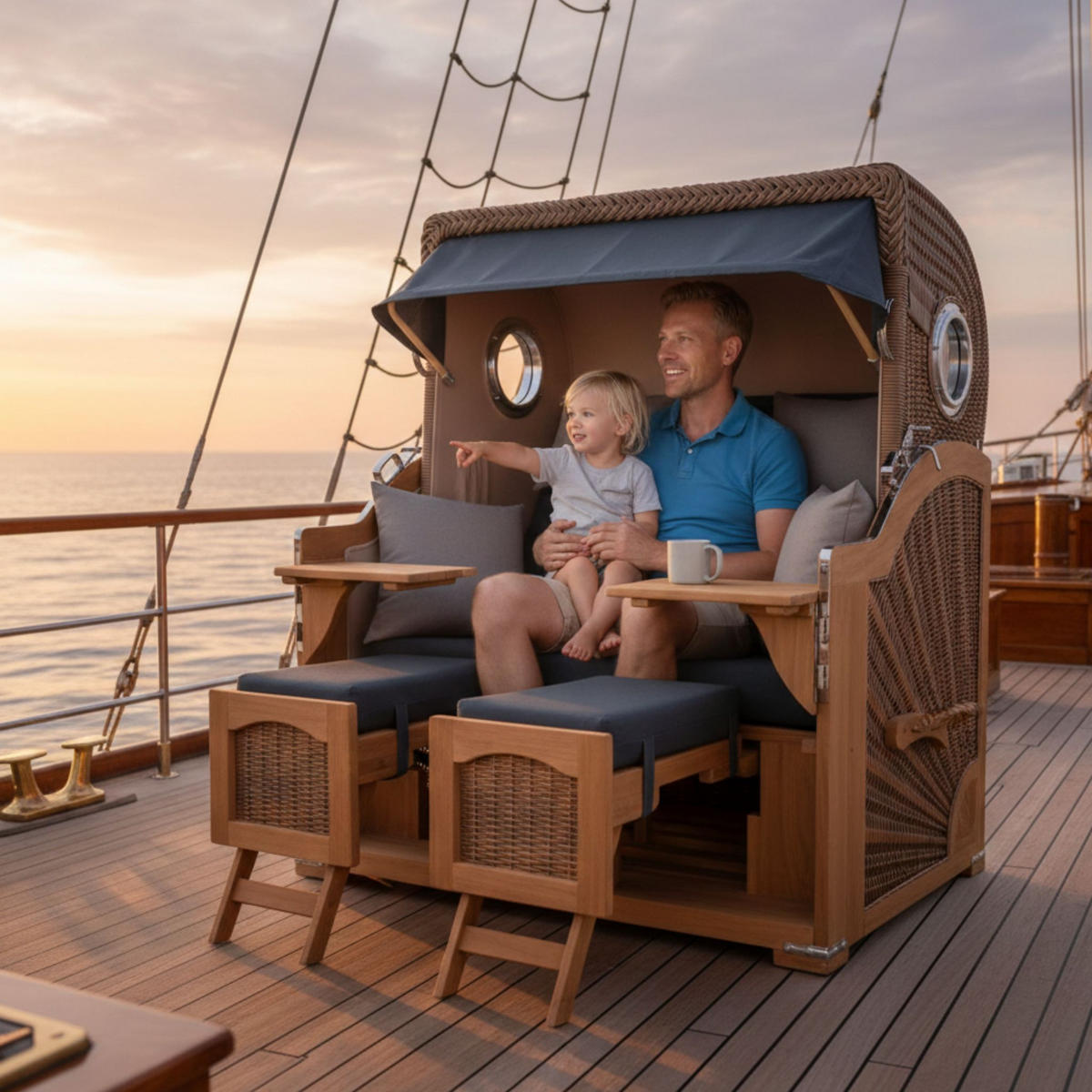 STRANDKORB XXL Düne Grande Teak Banana - Blau/Braun, Metall (142/170/95cm) - Mr. Deko