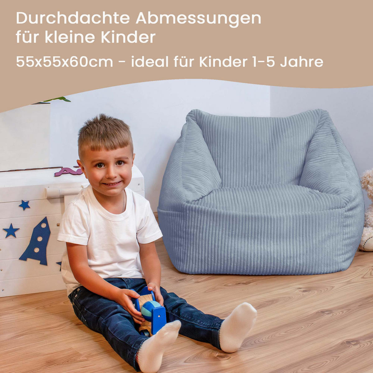 SITZSACK-SESSEL Bambino 55/60/55 cm, weicher Bouclé 315 g/m², mit Griff & Seitentasche, Hellblau - Hellblau, Textil (55/55/60cm) - Dreamroots