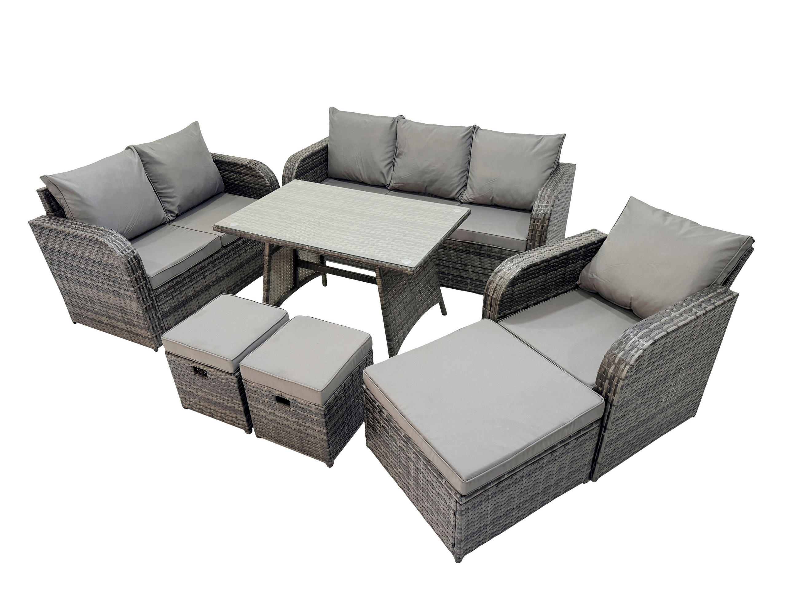 GARTENMÖBEL SET Polyrattan Dunkelgrau 9-Sitzer - Dunkelgrau/Grau, Glas/Kunststoff - Fimous