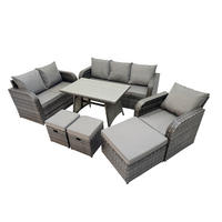 GARTENMÖBEL SET Polyrattan Dunkelgrau 9-Sitzer - Dunkelgrau/Grau, Glas/Kunststoff - Fimous