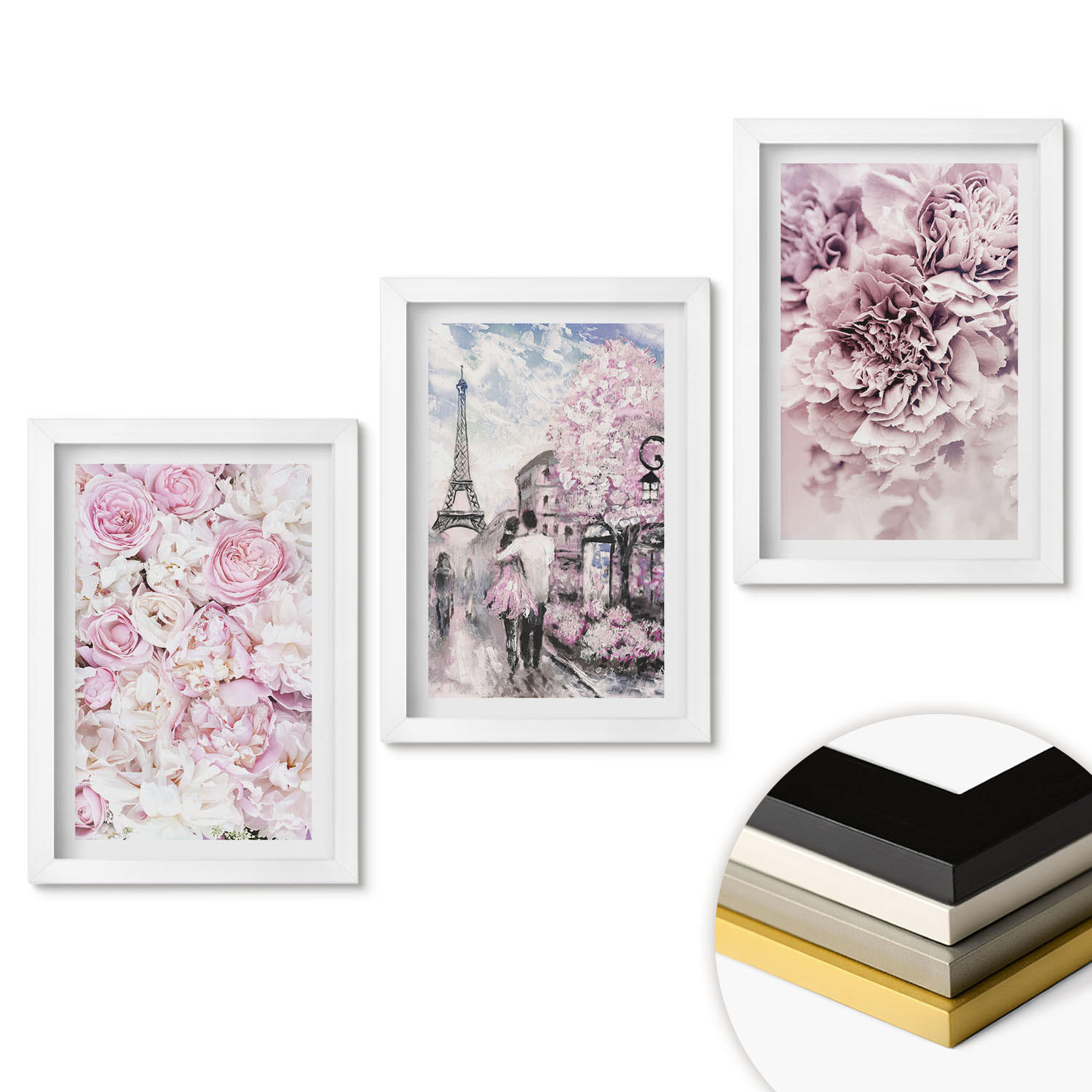 WANDBILDER 3er-Set - 20x30 cm Weißer Rahmen - Blumenlandschaft in Rosatönen - Weiß, Kunststoff (20/30cm) - ArtPrintCave