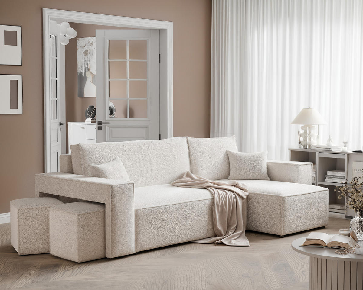 ECKSOFA PARIS mit Schlaffunktion und Bettkasten Creme - Weiß, Holzwerkstoff/Kunststoff (262/145cm) - Idohome