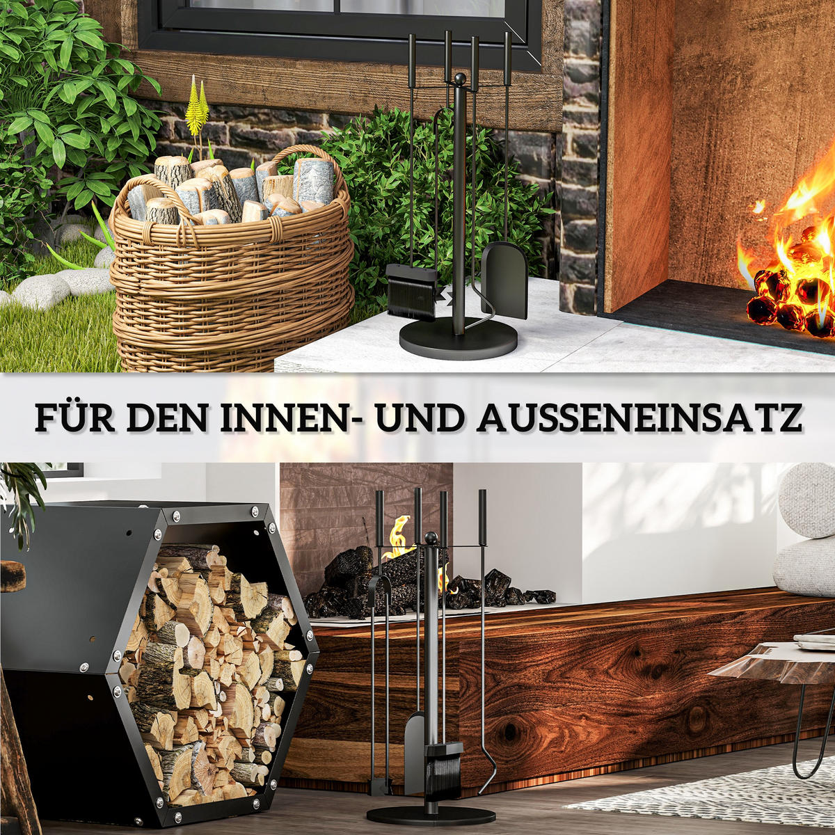KAMINBESTECK - Schwarz, Metall (25/54/25cm) - Outsunny