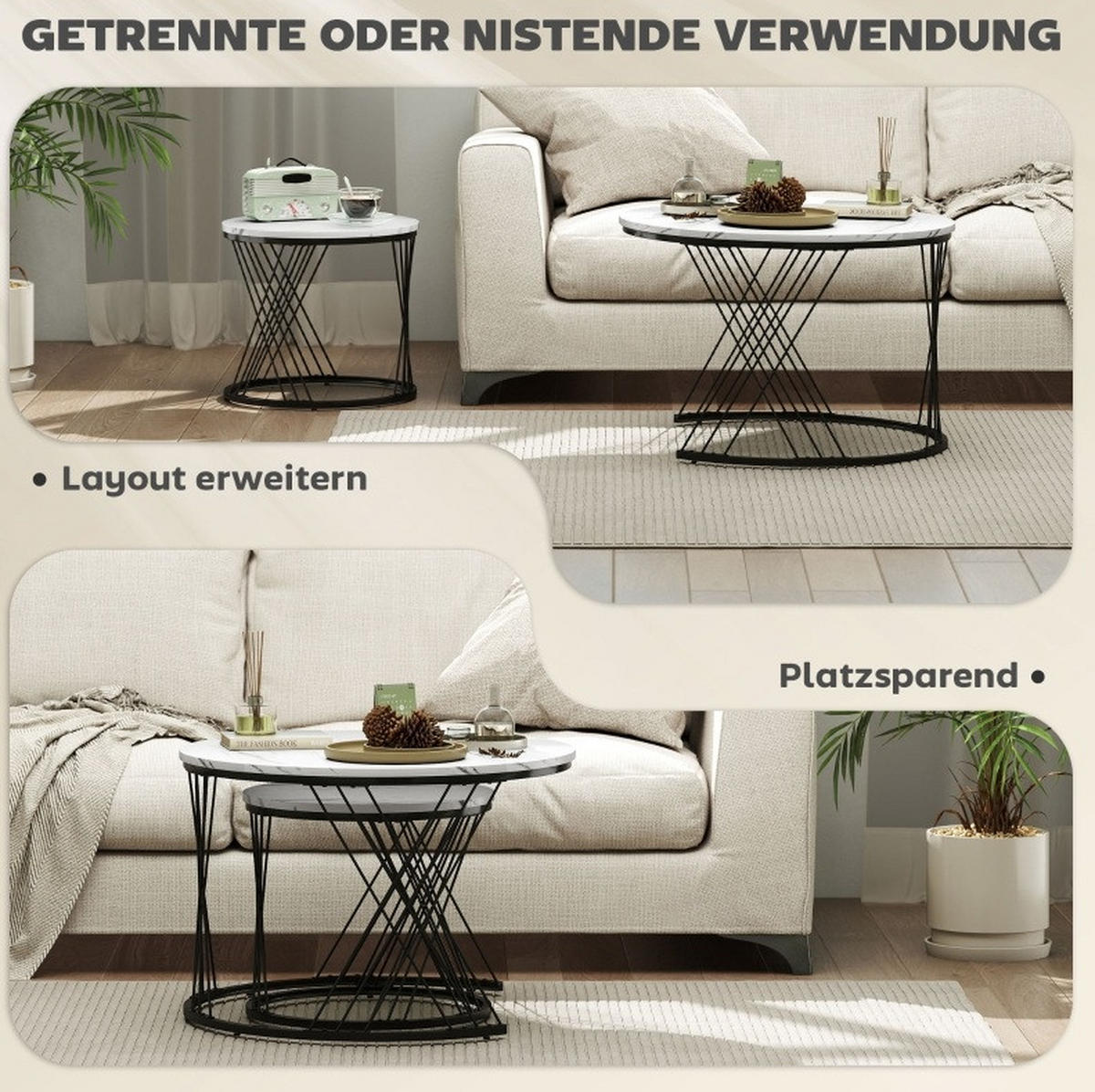 COUCHTISCH 70/70/46.5 cm Weiß Marmoroptik aus Holz mit Metallgestell - Weiß, Holz (70/70/46.5cm) - OKWISH
