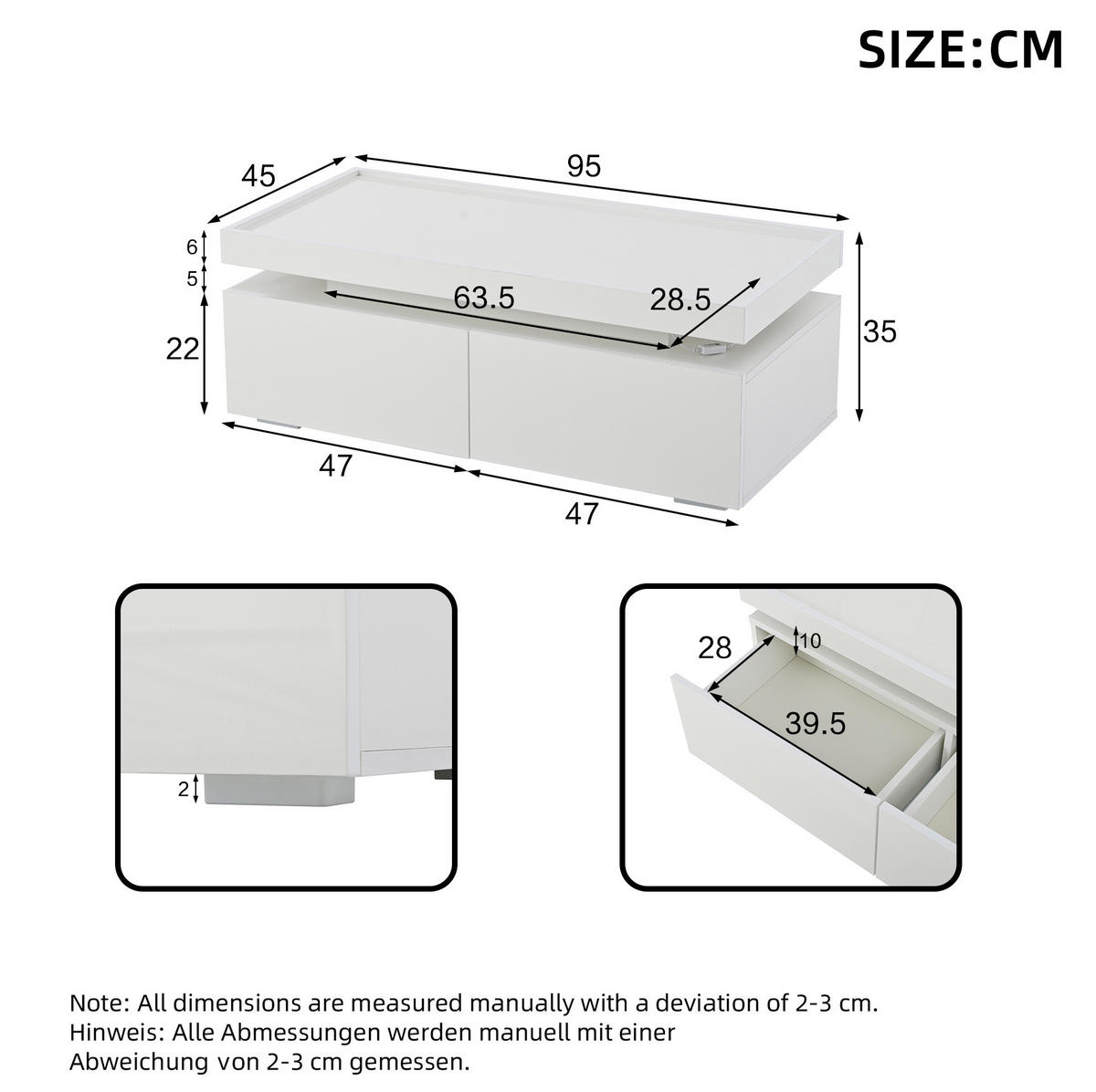 COUCHTISCH aus Spanplatte 95x45x35 cm Weiß mit LED-Beleuchtung, 2 Schubladen und Ablage - Weiß, Holzwerkstoff (95/45/35cm) - IVMEU