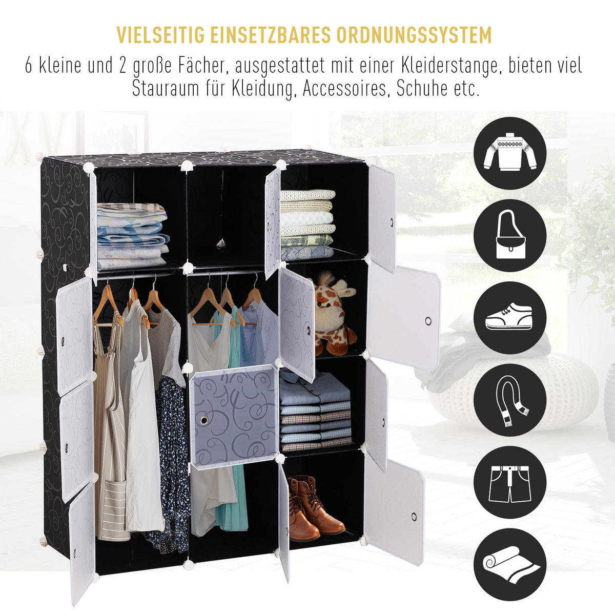KLEIDERSCHRANK, Schwarz + Weiß - Schwarz, Kunststoff (47/145/111cm) - HOMCOM
