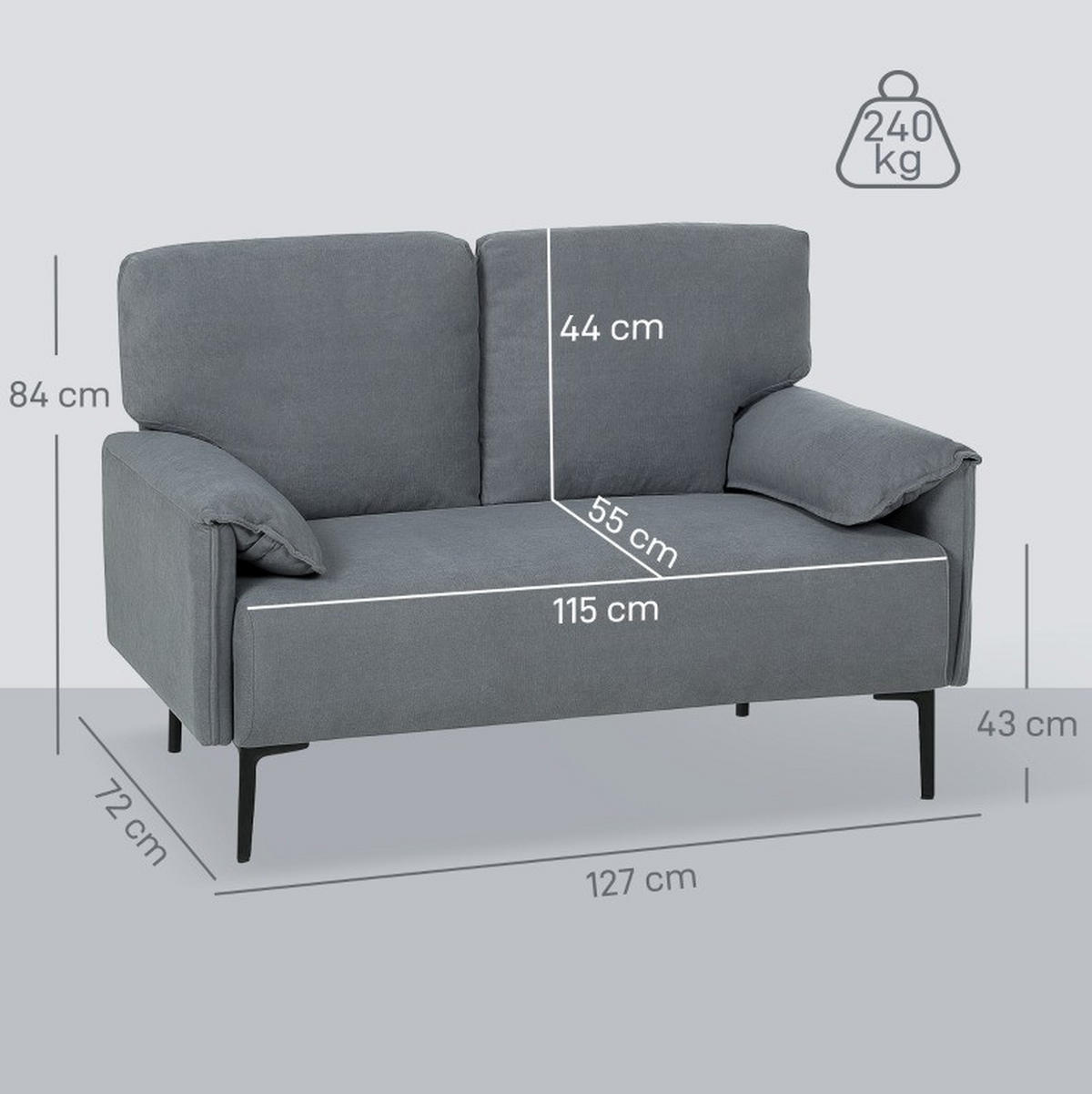 DVOJSEDAČKA 127 cm šedá z kovu s měkkými područkami a opěrnými polštáři - šedá, kov (72/84/127cm) - OKWISH