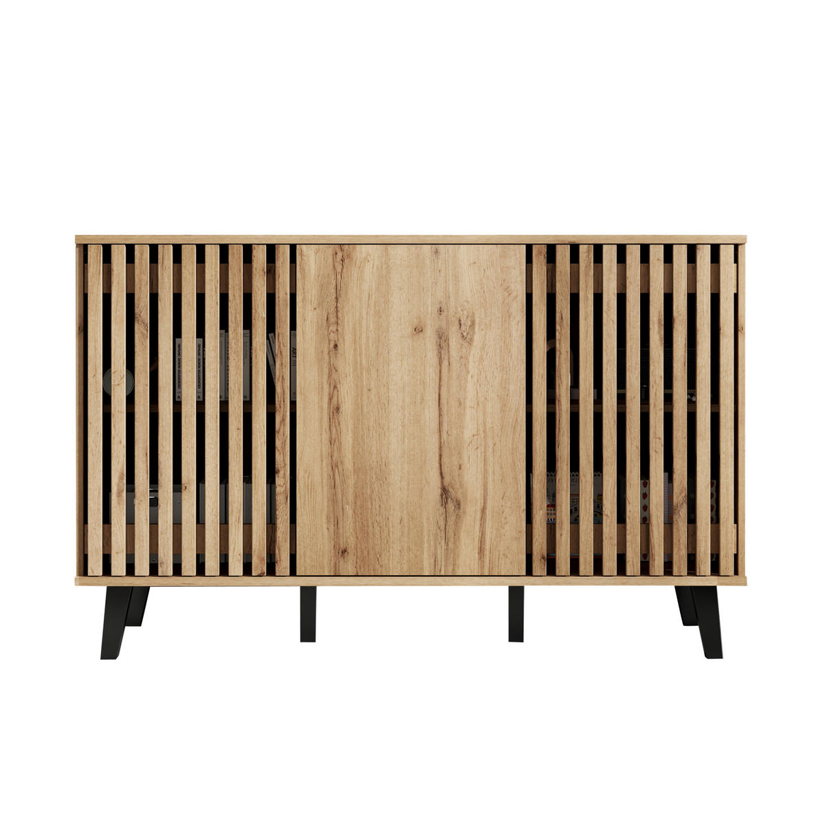 KOMODA z dřevotřísky 150x40x95 cm v přírodní barvě se 3 dvířky a 6 přihrádkami - přírodní, kompozitní dřevo (150/95/40cm) - Modfu